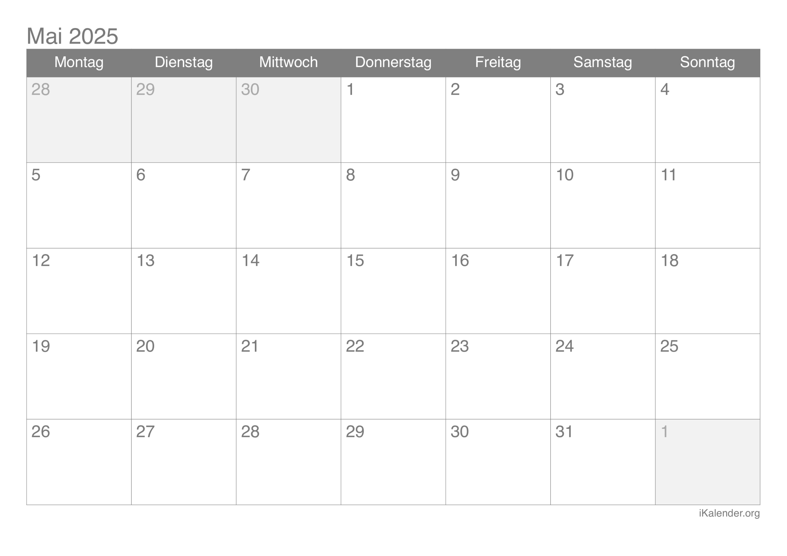 Monatskalender Mai 2025 Zum Ausdrucken | Kalender 2025 Mai