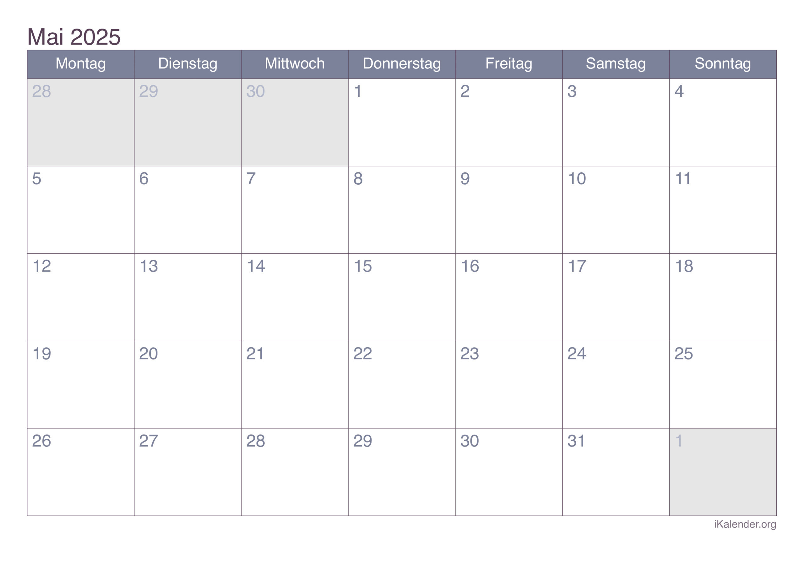 Monatskalender Mai 2025 Zum Ausdrucken | Mai 2025 Kalender