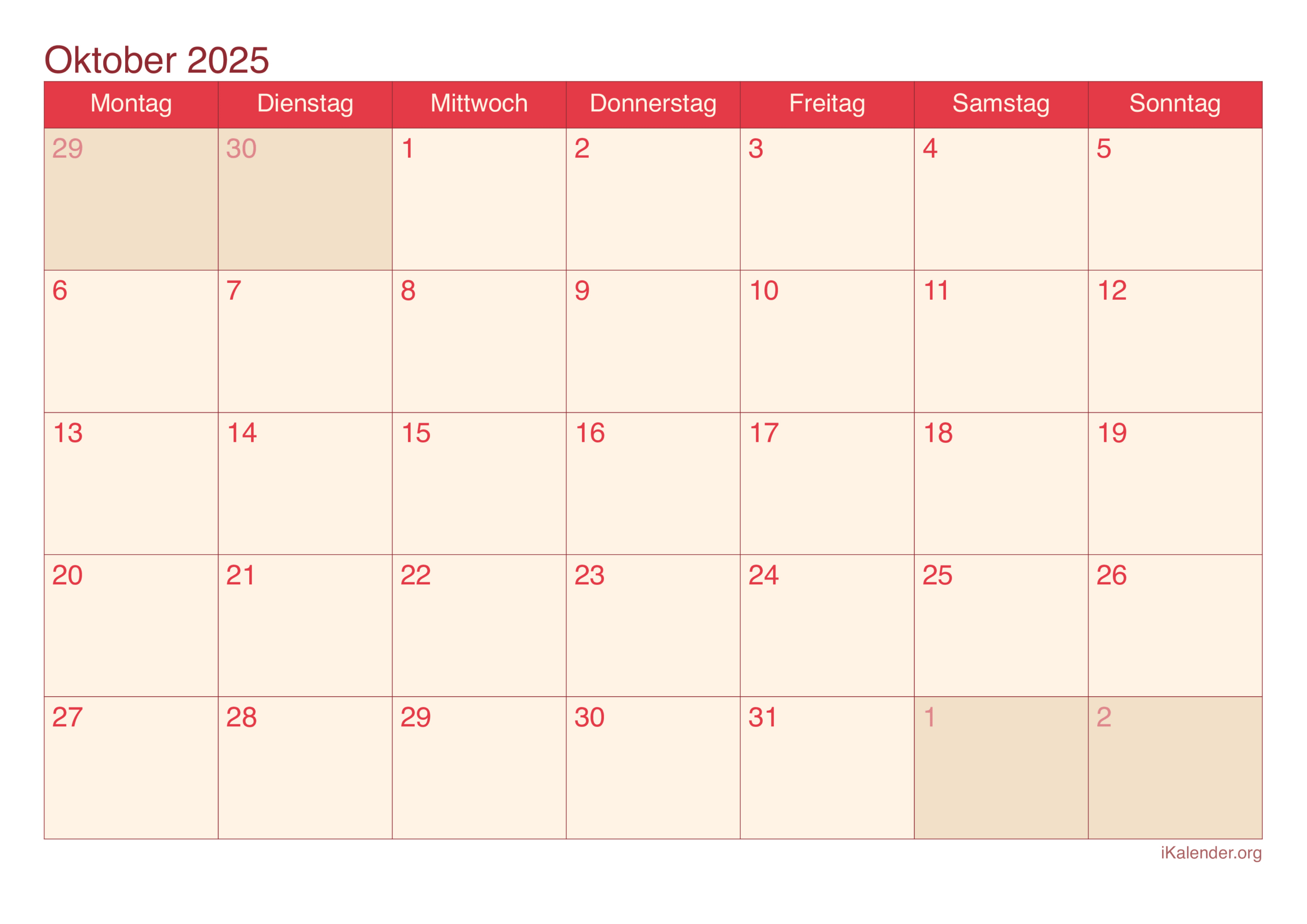 Monatskalender Oktober 2025 Zum Ausdrucken | Kalender Oktober 2025