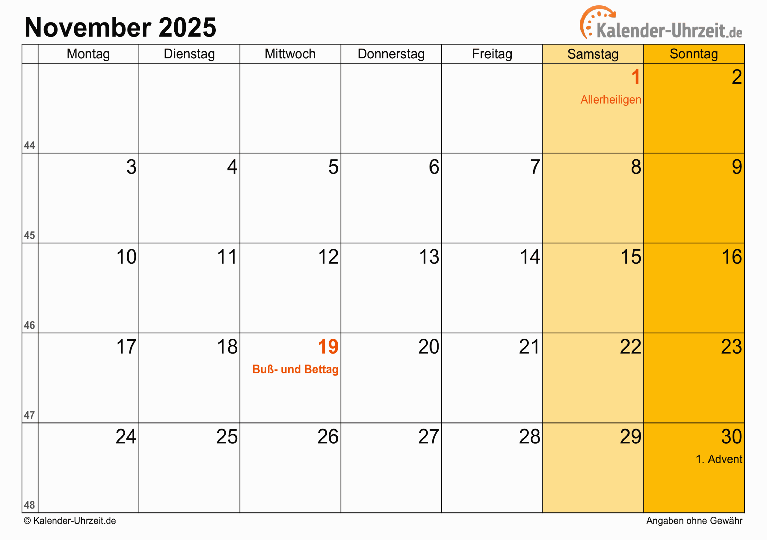 November 2025 Kalender Mit Feiertagen | Kalender November 2025