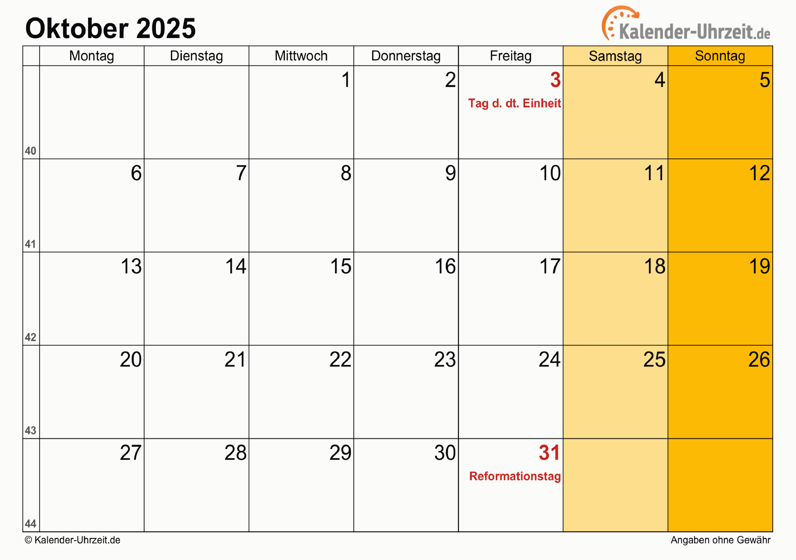 Oktober 2025 Kalender Mit Feiertagen | Kalender Oktober 2025