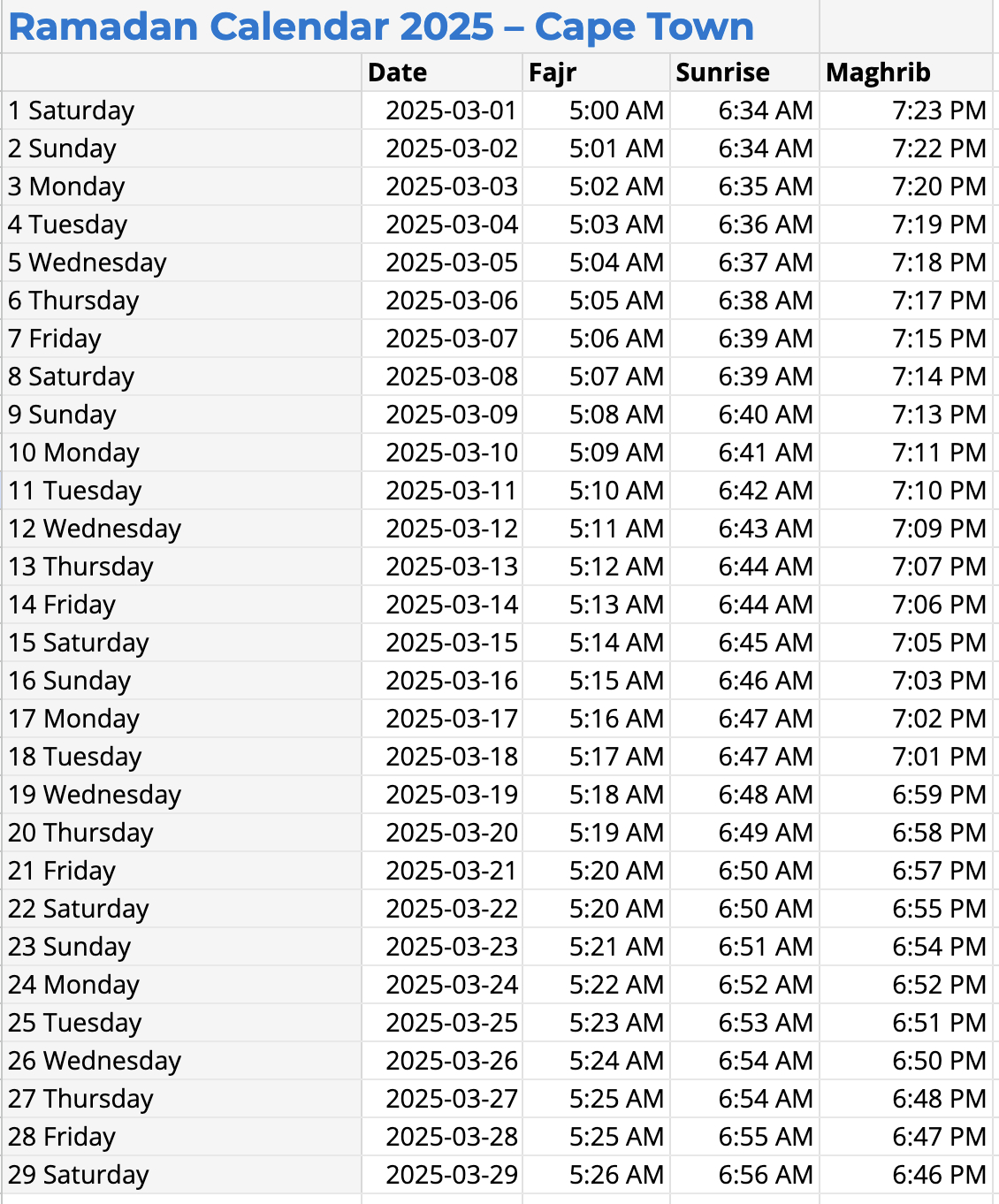 Ramadan Timetable 2025 - Islamic Relief South Africa | Ramadan Kalender 2025