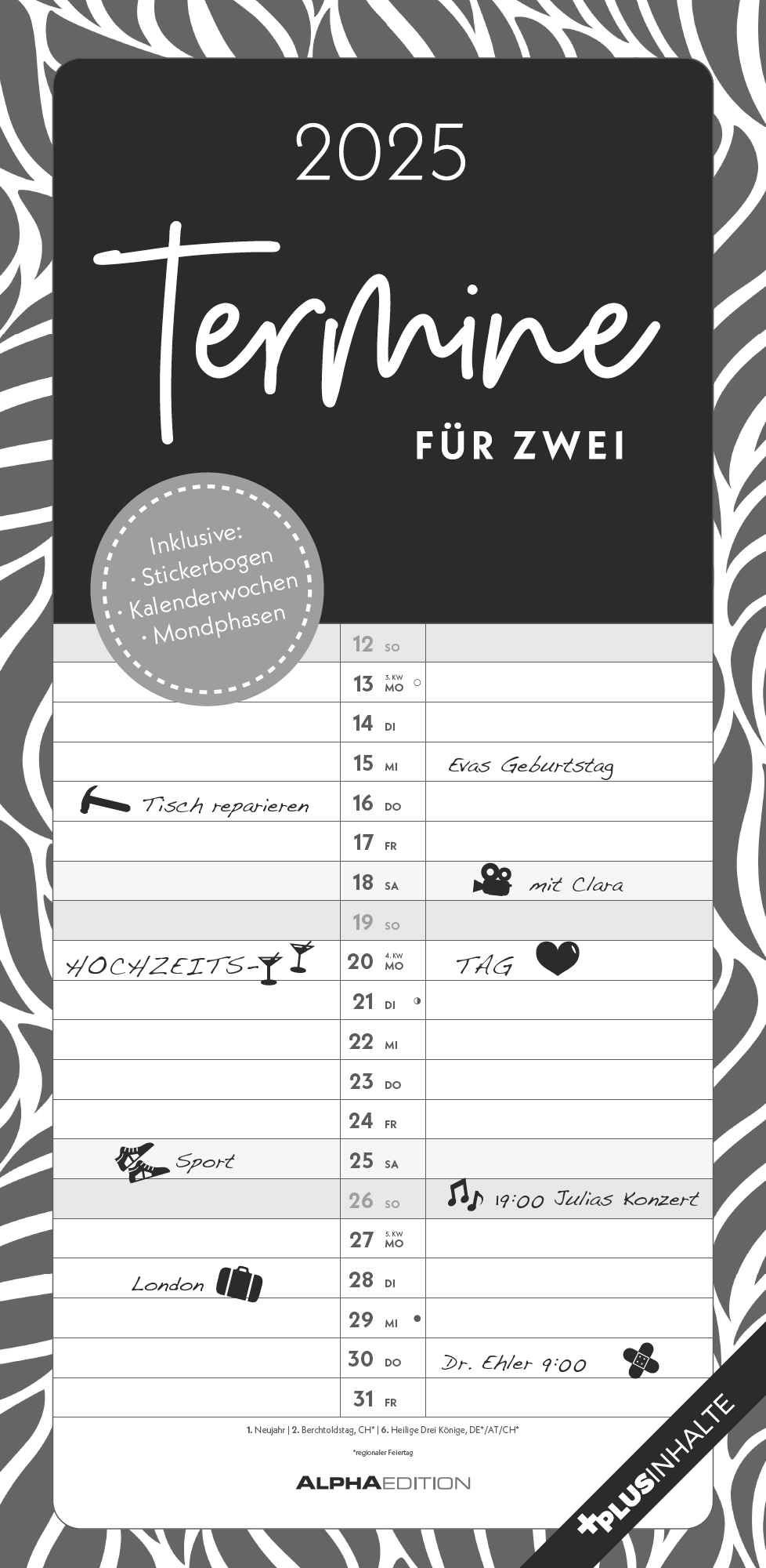 Termine Für 2 Black And White 2025 Familienplaner - Timer - Termin-Planer - Couple-Kalender - Familien-Kalender - 22X45 | Kalender Planer 2025