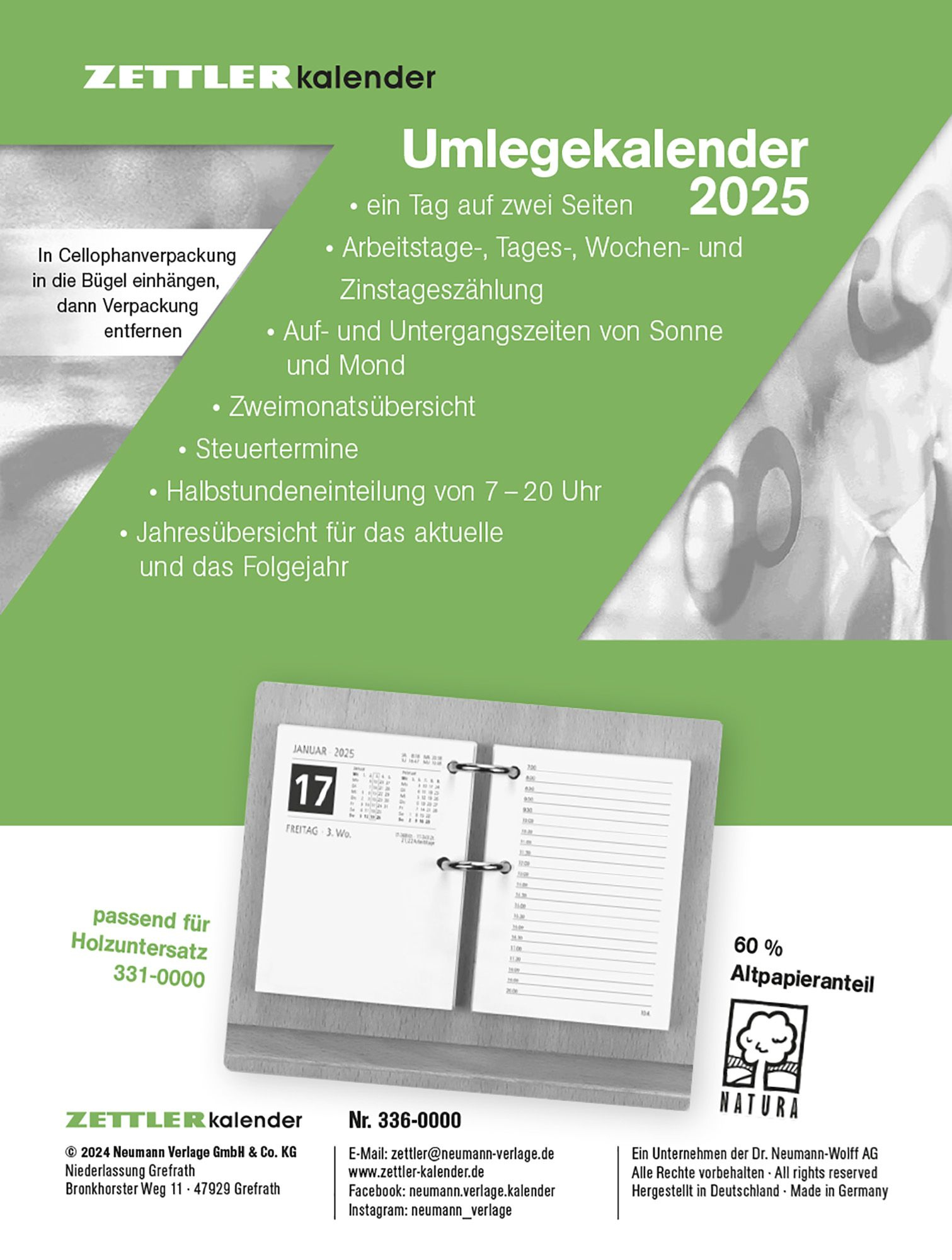 Umlege-Kalender 2025 - 8X10,8 Cm - 1 Tag Auf 2 Seiten - Zum Einheften - Bürokalender Mit 2-Fach Lochung - Stundeneinteilung Von 7 - 20 Uhr - 336-0000 | Zettler Kalender 2025