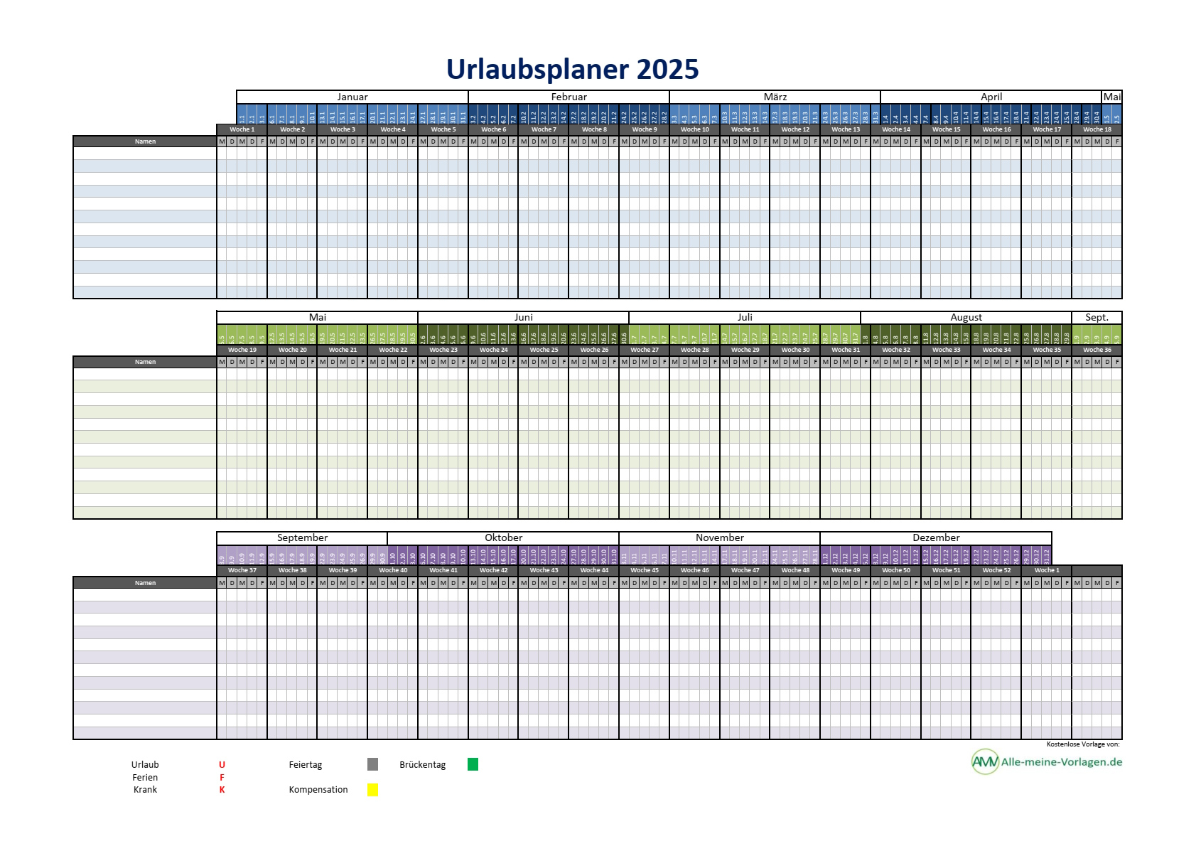 Urlaubsplaner 2025 - Kostenlose Vorlage Für Excel - Alle-Meine | Kalender 2025 Urlaubsplanung