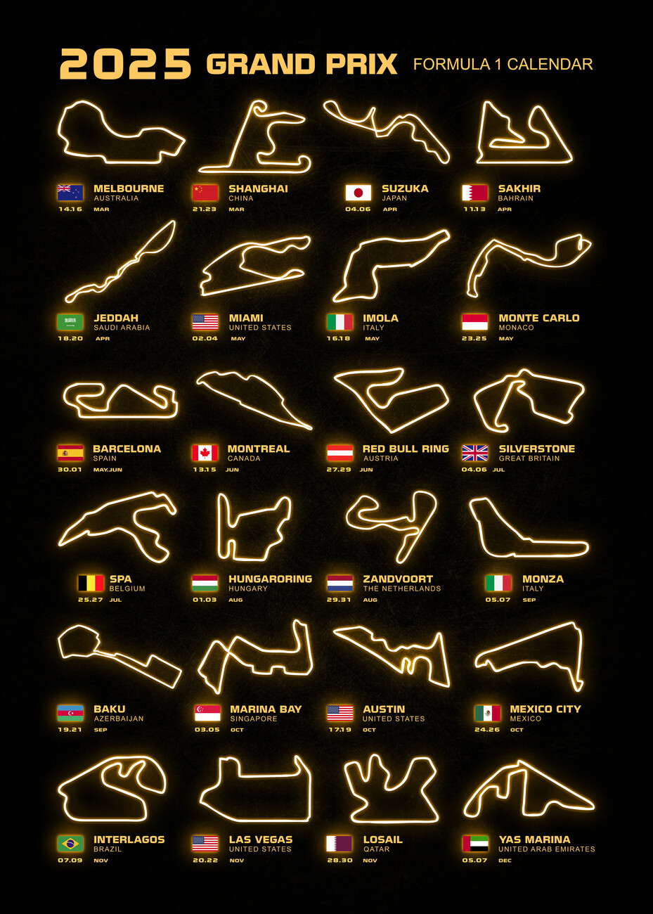 Wandaufkleber Formula 1 Season Calendar 2025 | Poster, Wandbilder | F1 Kalender 2025