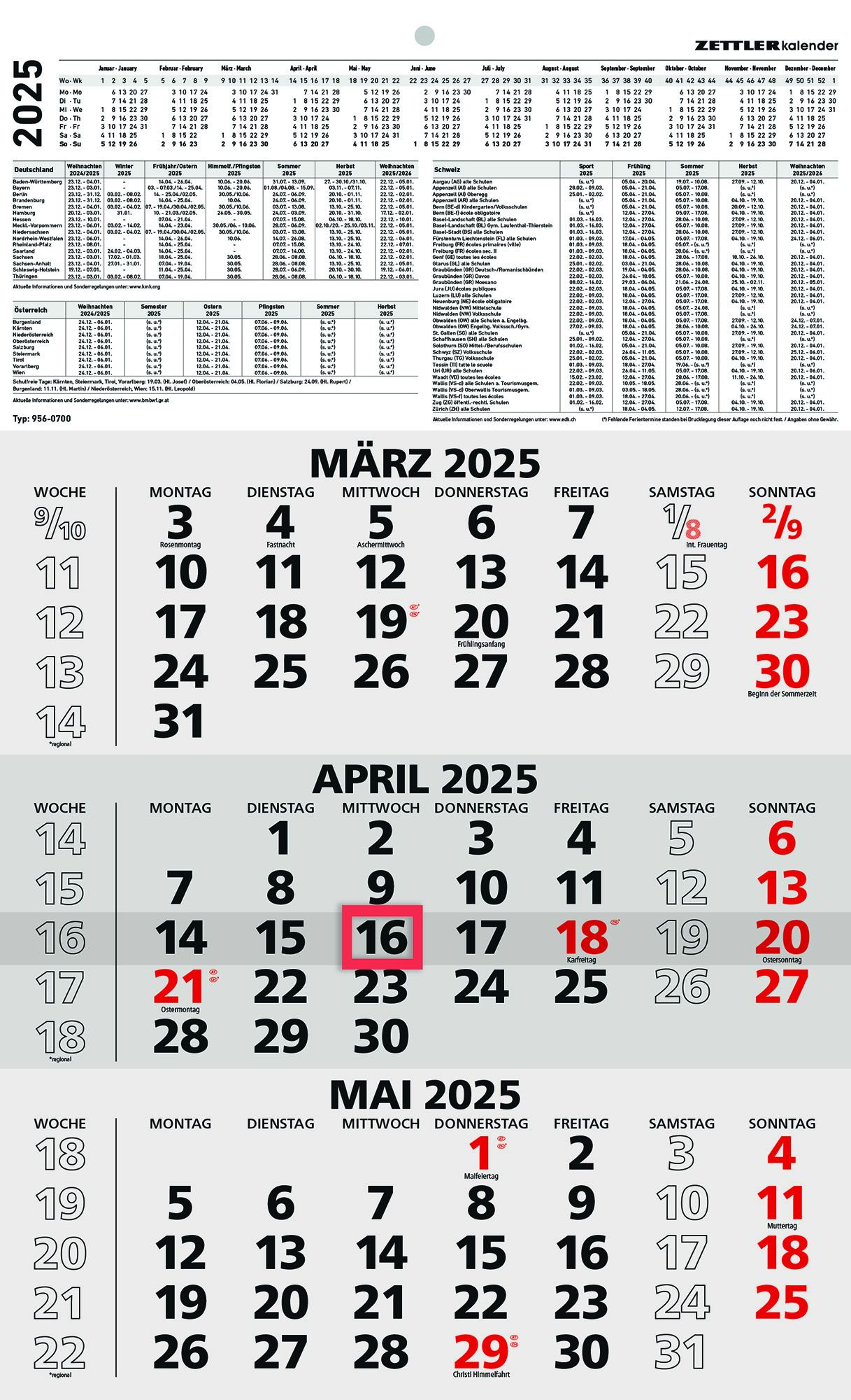 Zettler - 3-Monatskalender 2025 Schwarz/Rot, 29,7X48,8Cm, Bü | Zettler Kalender 2025