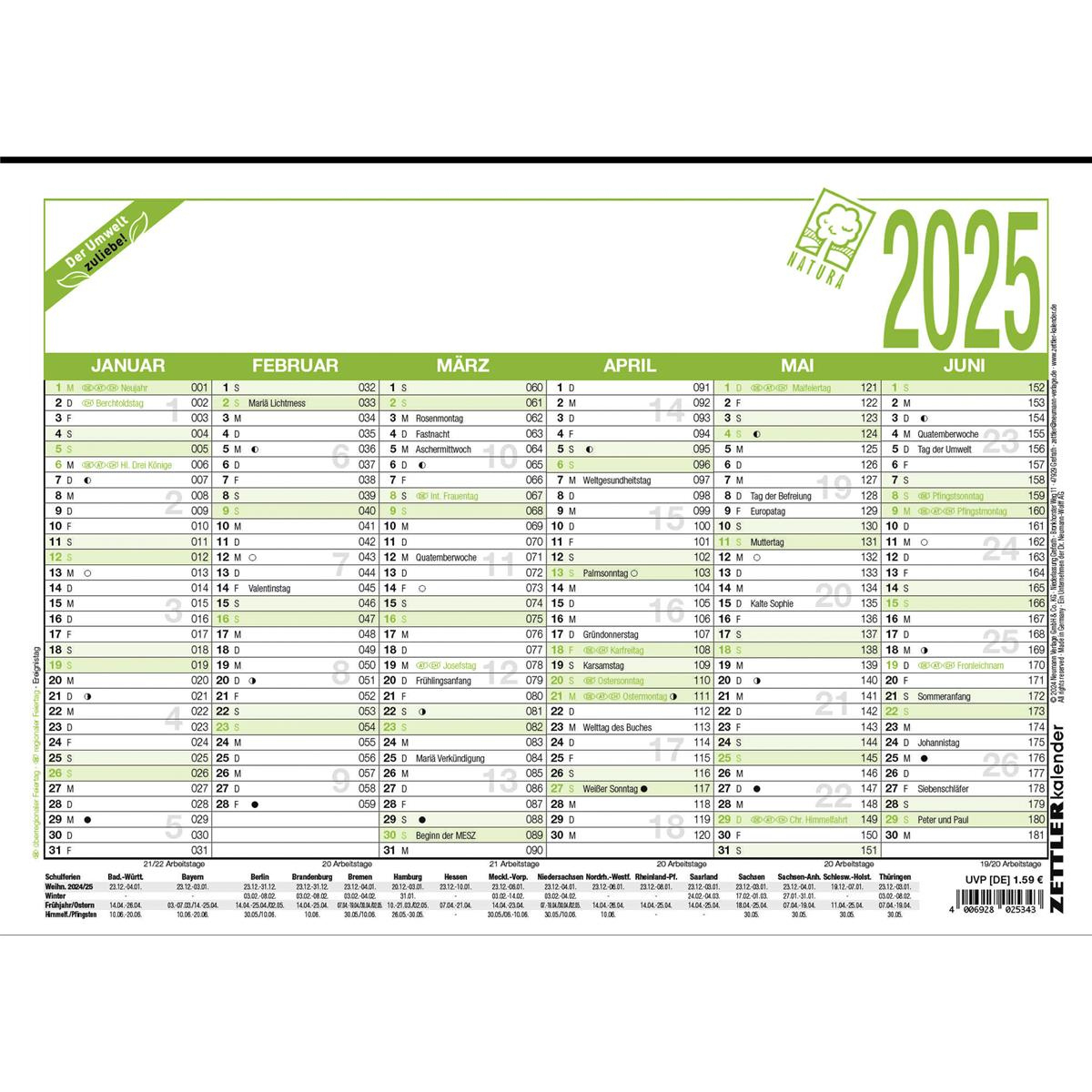 Zettler Tafelkalender 2025 Recycling - Din A4 - 12 Monate | Zettler Kalender 2025