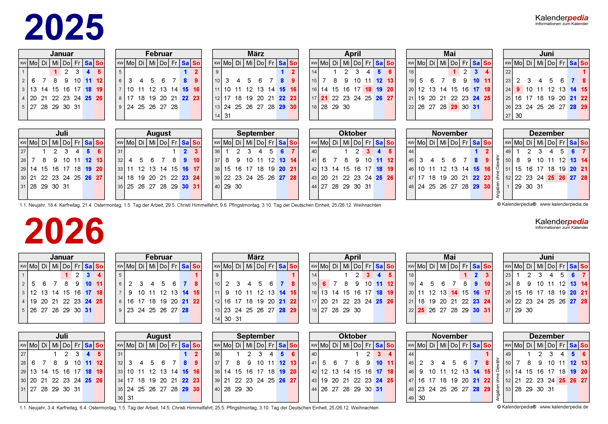 Zweijahreskalender 2025 Und 2026 Als Pdf-Vorlagen Zum Ausdrucken | Kalender 2025 Mit Januar 2026