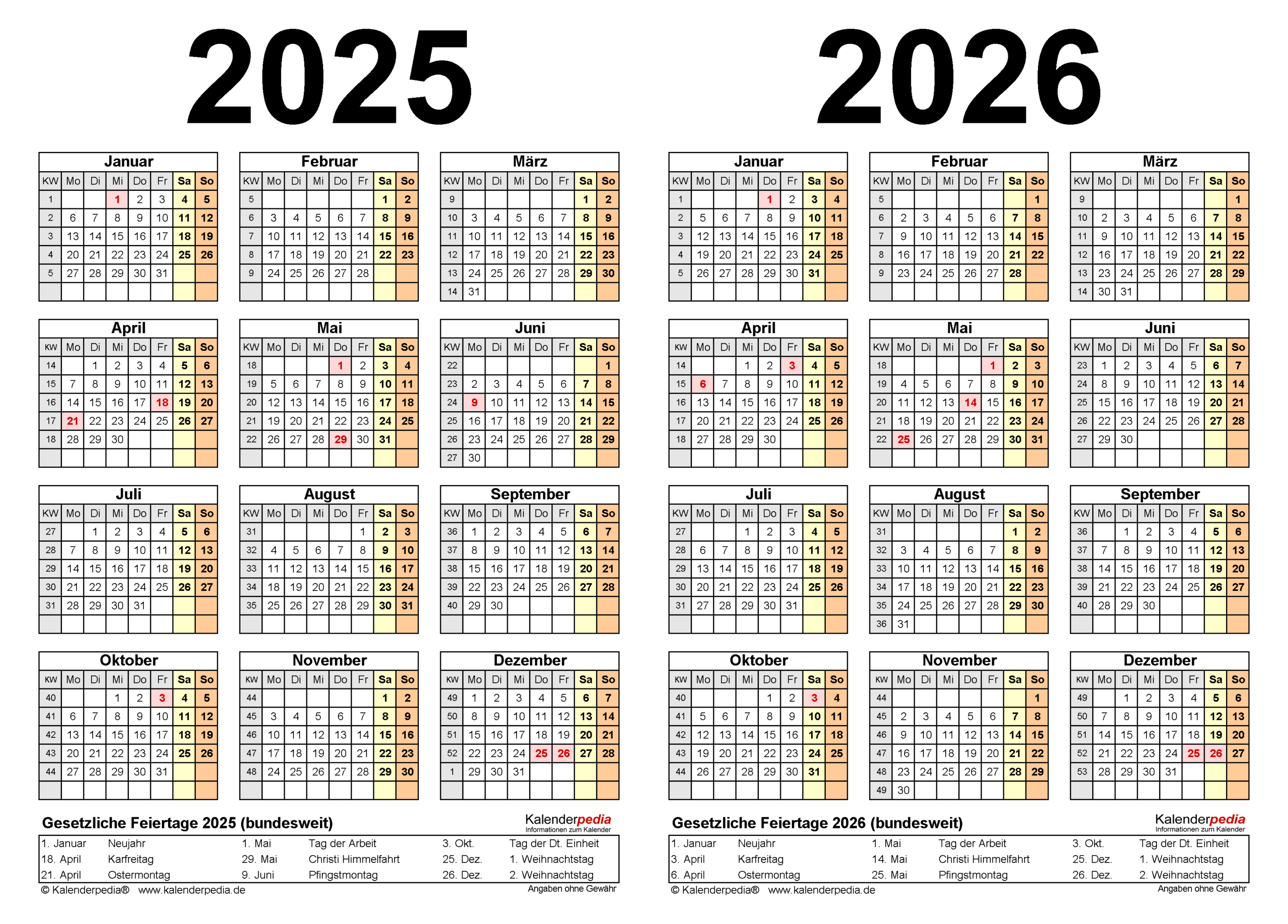 Zweijahreskalender 2025 Und 2026 Als Pdf-Vorlagen Zum Ausdrucken | Kalender 2025 Mit Januar 2026