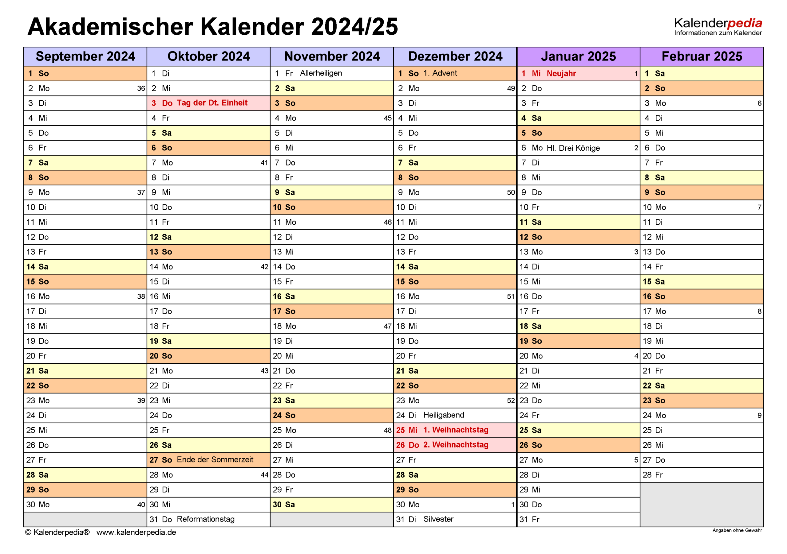 Akademischer Kalender 2024/2025 Als Pdf-Vorlagen | Kalender Oktober 2024 Bis Februar 2025