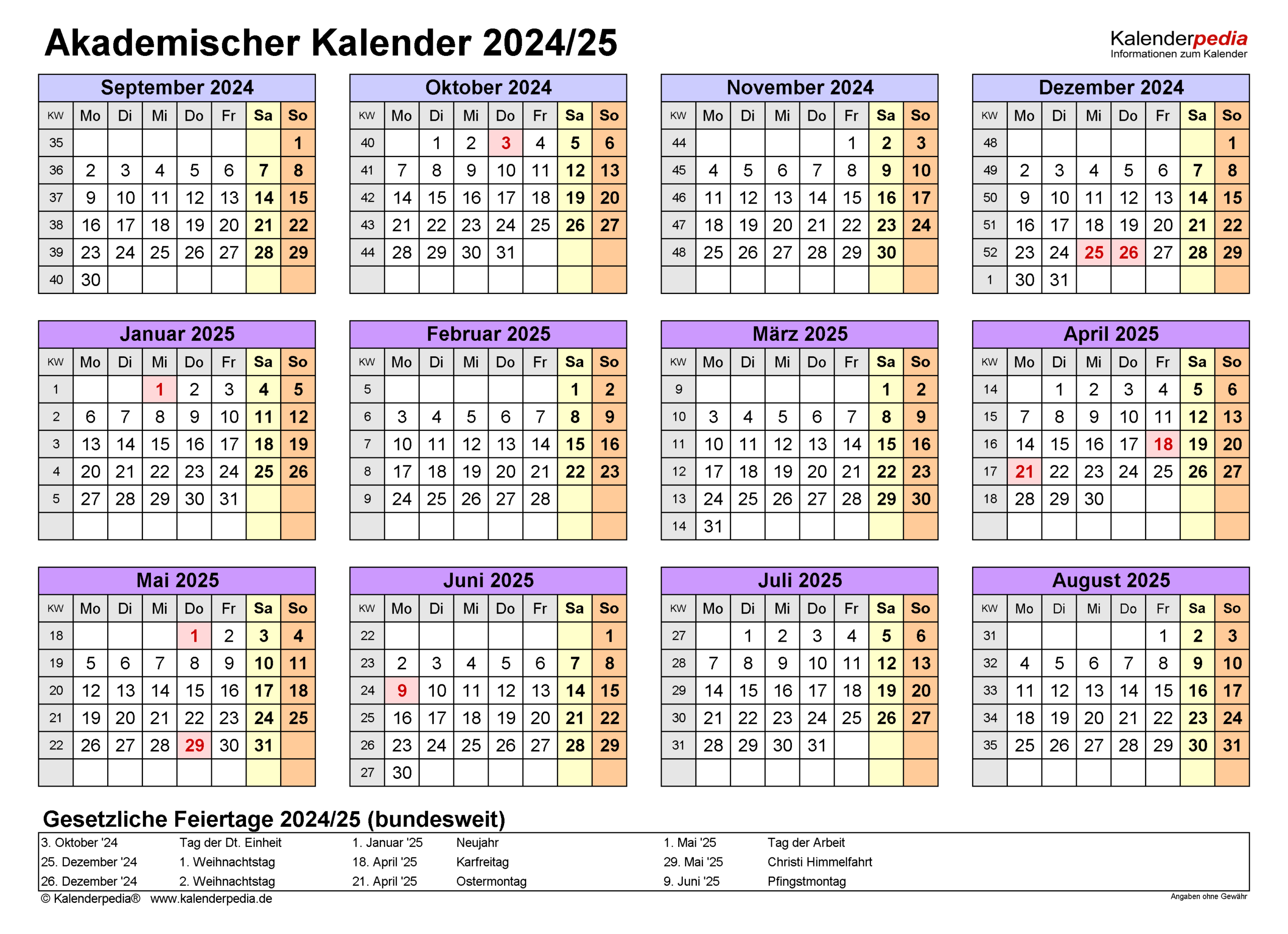 Akademischer Kalender 2024/2025 Als Pdf-Vorlagen | Kalender September 2024 Bis Februar 2025