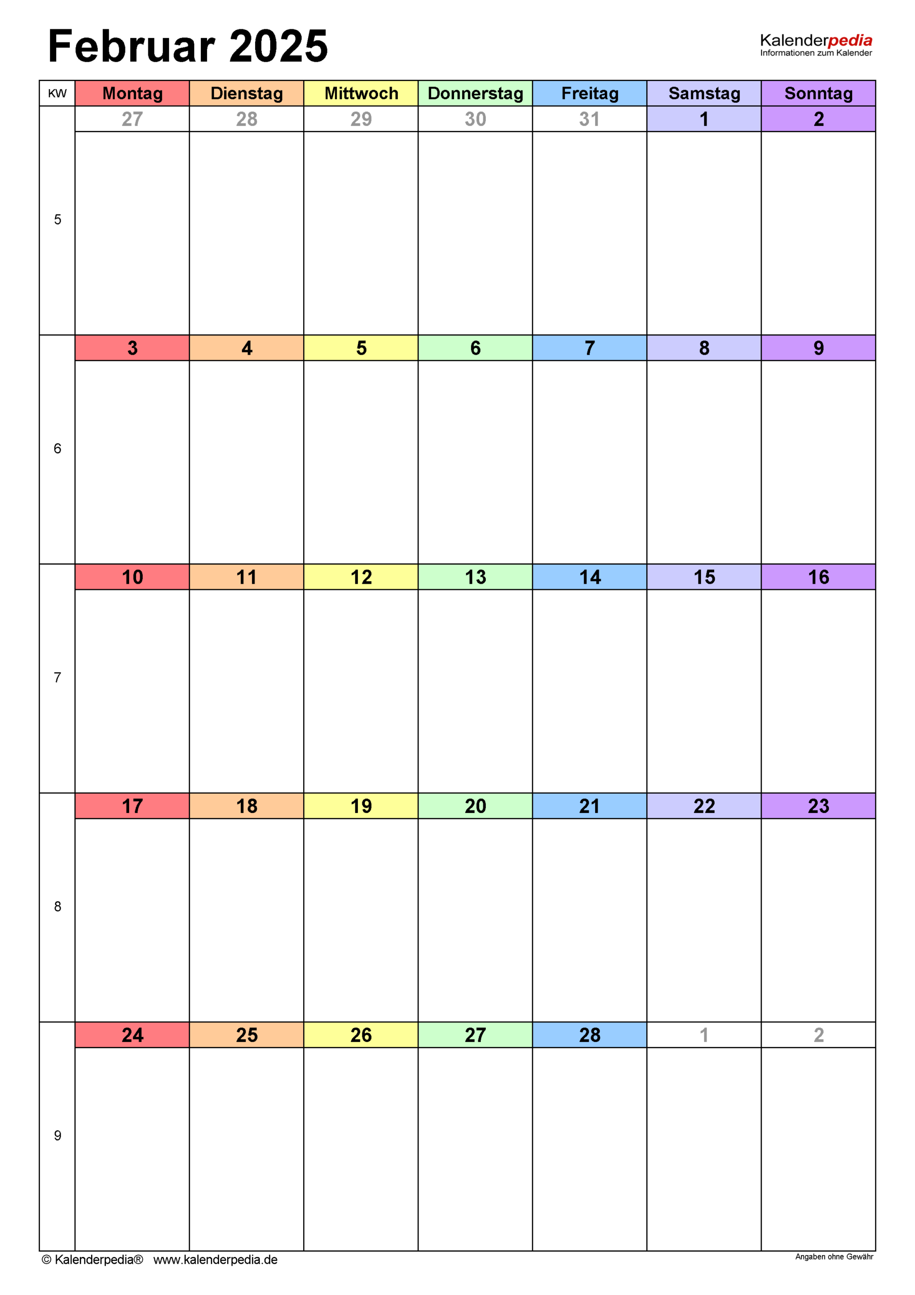 Kalender Februar 2025 Als Pdf-Vorlagen | Februar 2025 Kalender Drucken