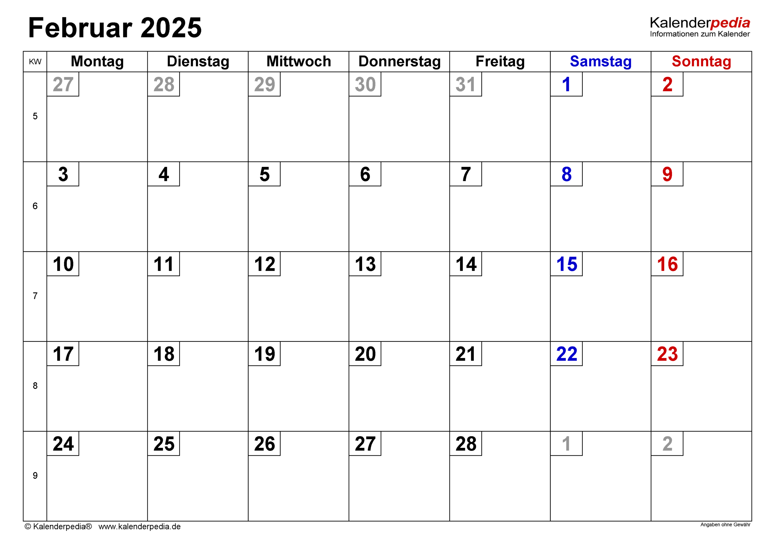 Kalender Februar 2025 Als Pdf-Vorlagen | Kalender Februar 2025 Kalenderpedia