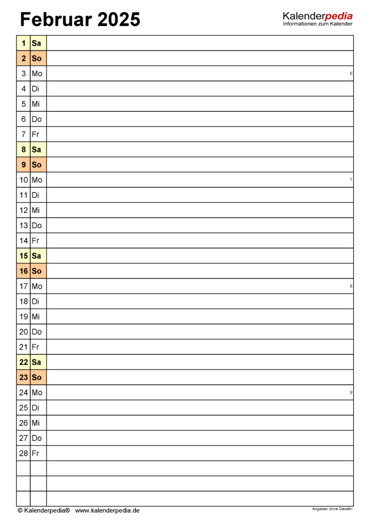 Kalender Februar 2025 Kalenderpedia