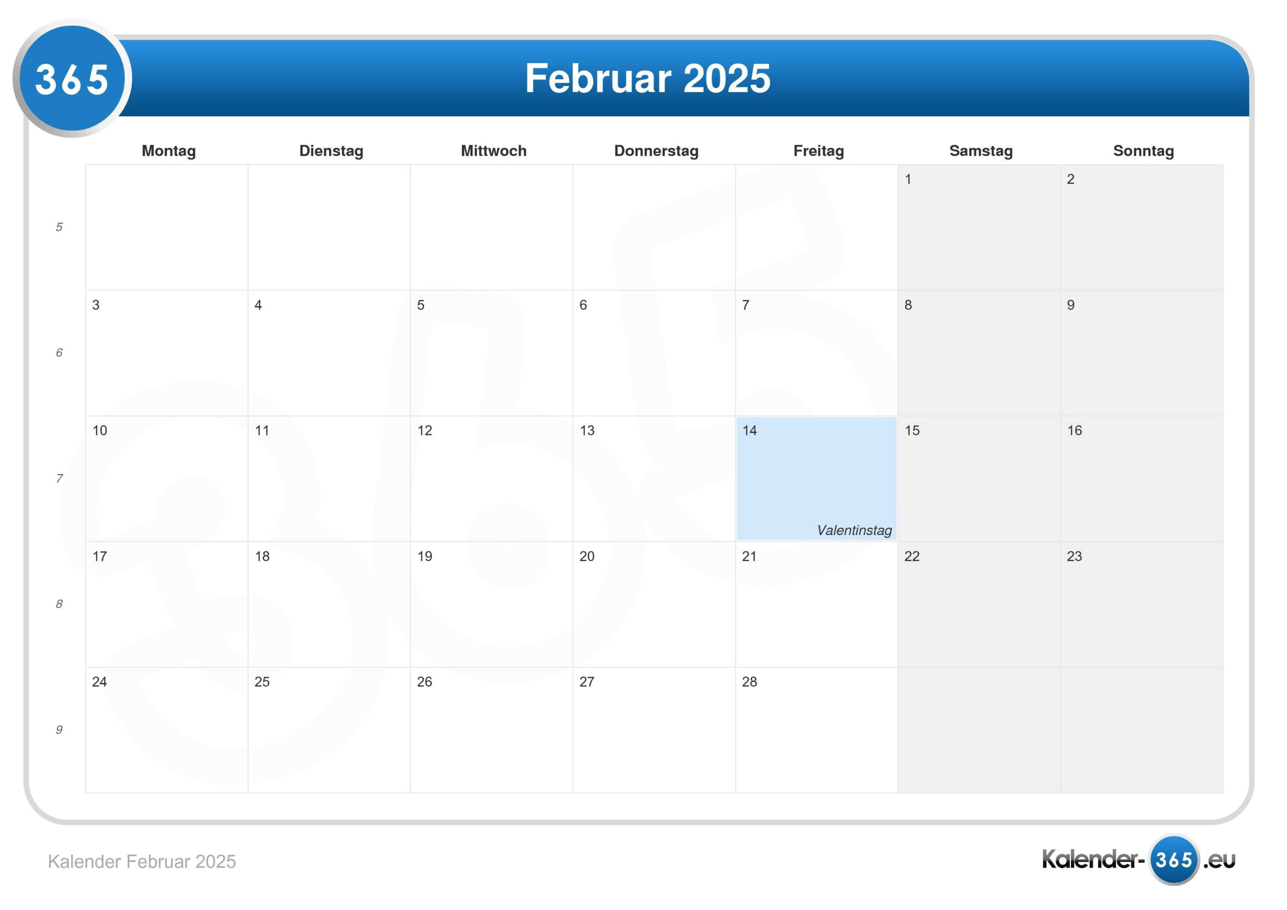 Kalender Februar 2025 | Februar 2025 Kalender Schaltjahr