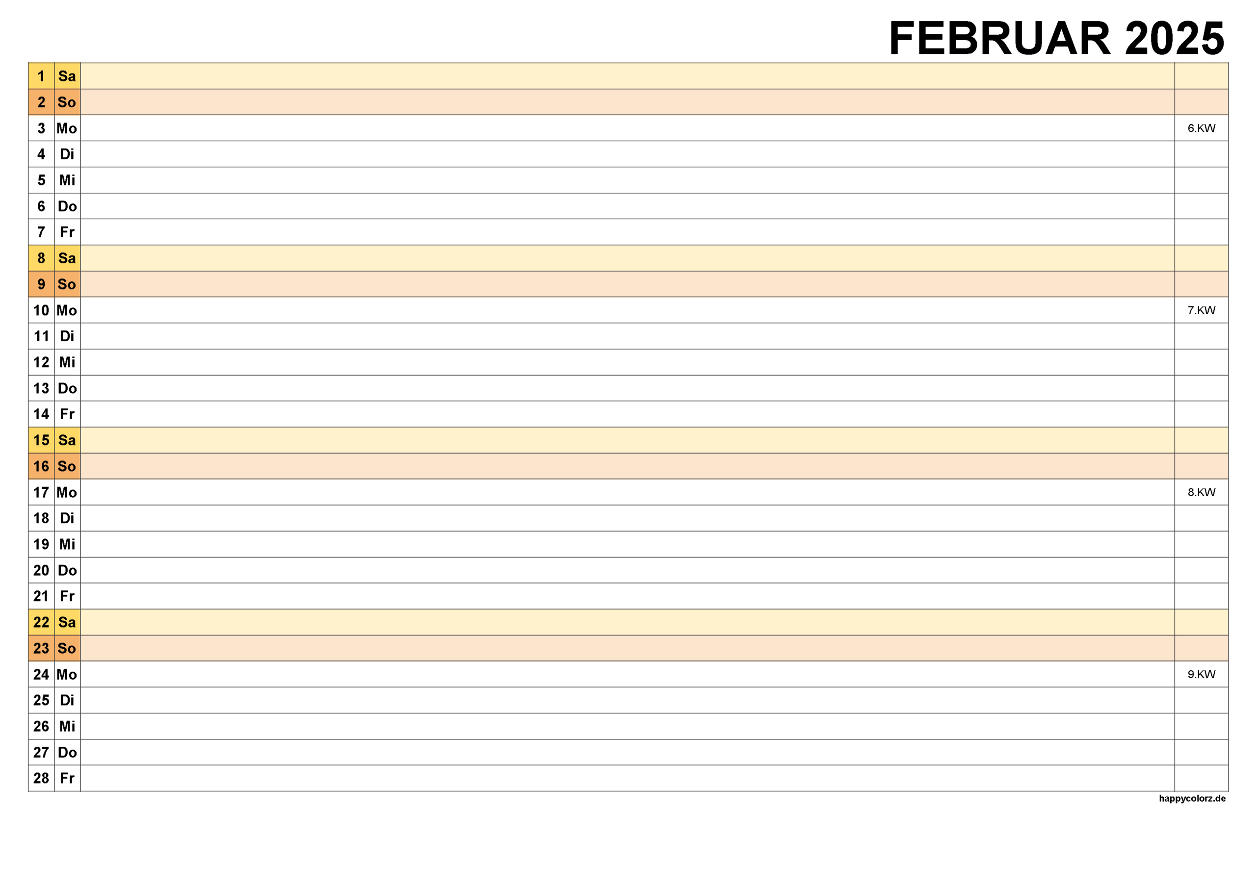 Kalender Februar 2025 Zum Ausdrucken (Pdf, Xls, Png) | 2025 Februar Kalender