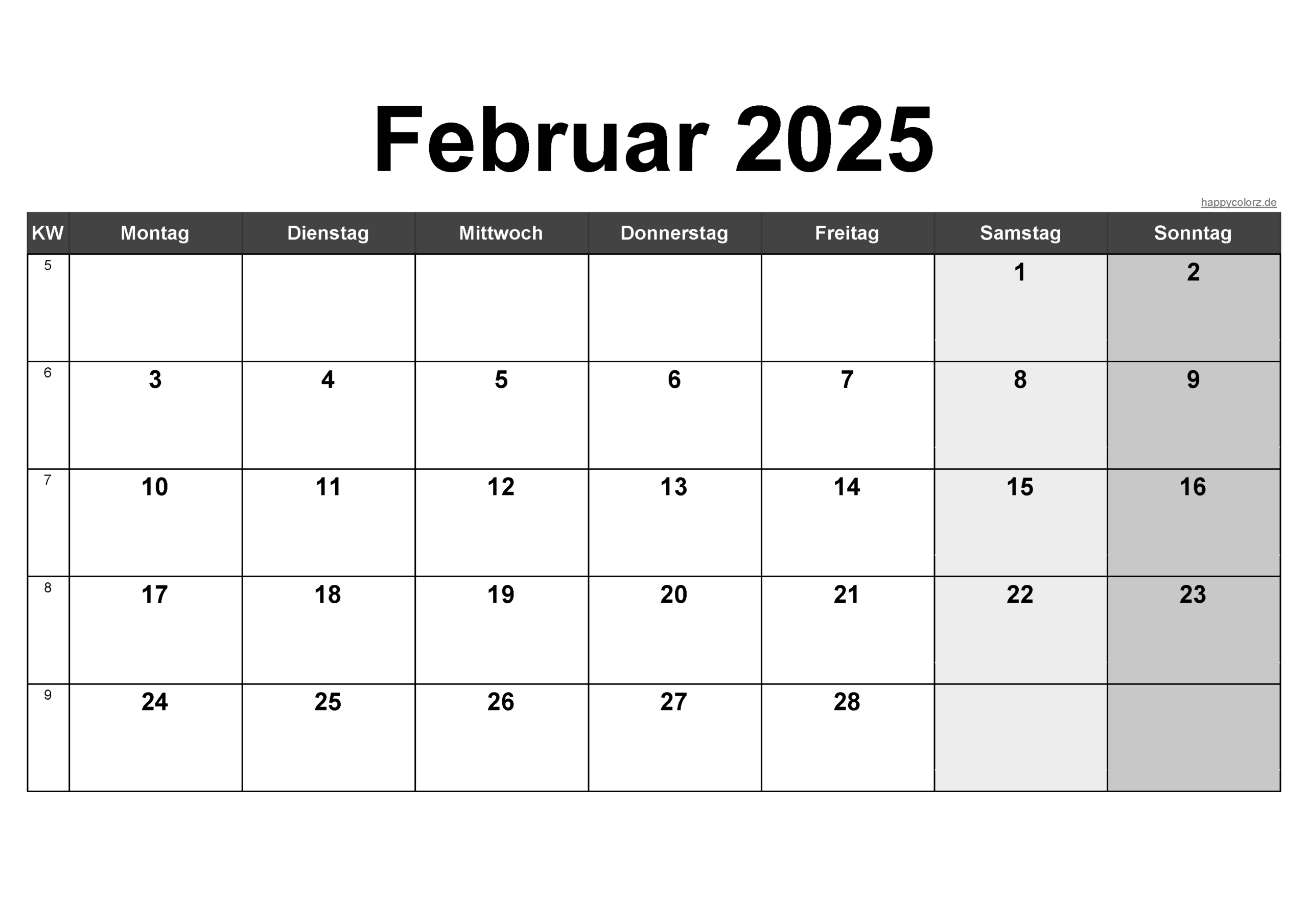 Kalender Februar 2025 Zum Ausdrucken (Pdf, Xls, Png) | Februar 2025 Kalender Drucken