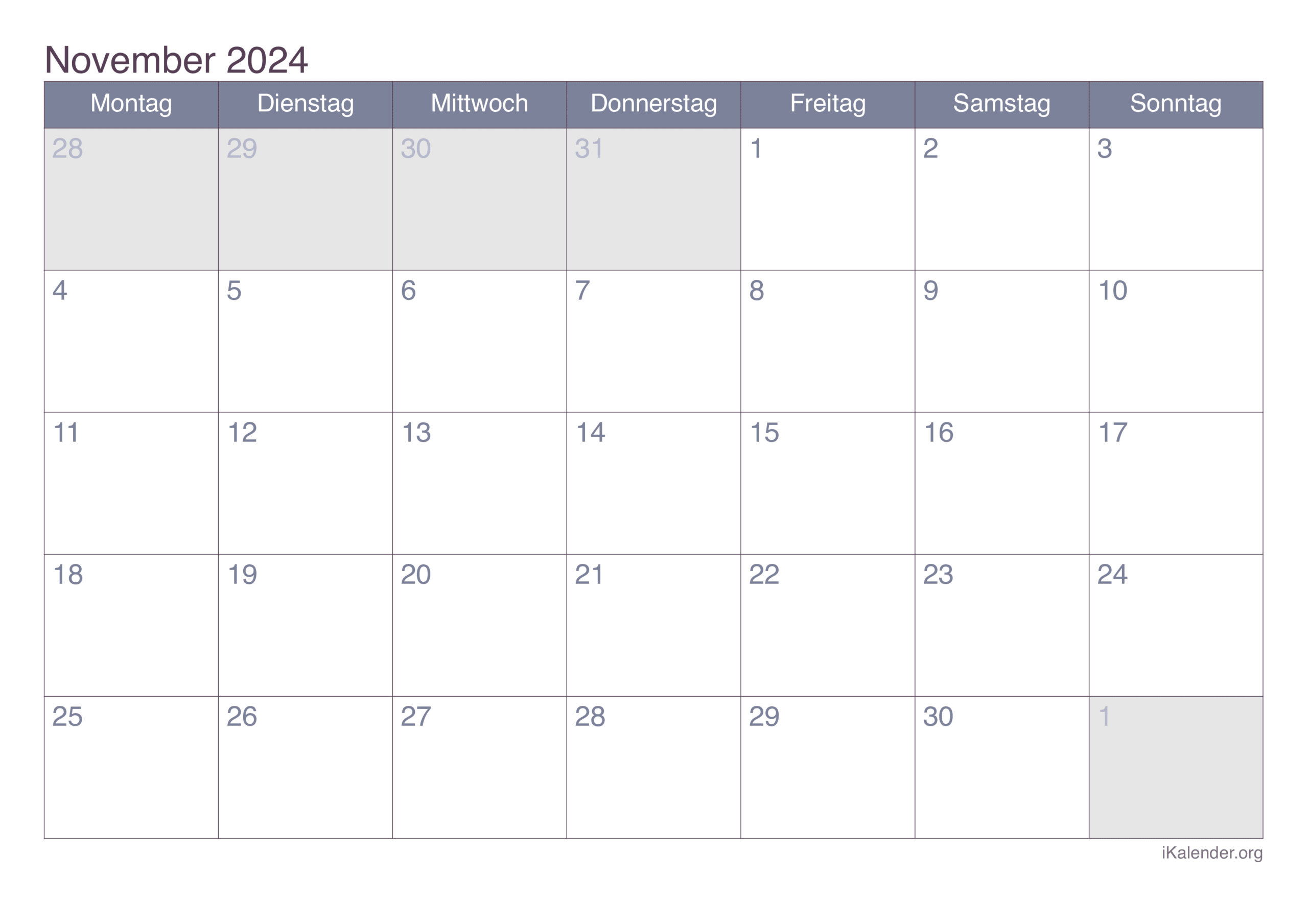 Monatskalender November 2024 Zum Ausdrucken | Kalender November 2024 Bis Februar 2025