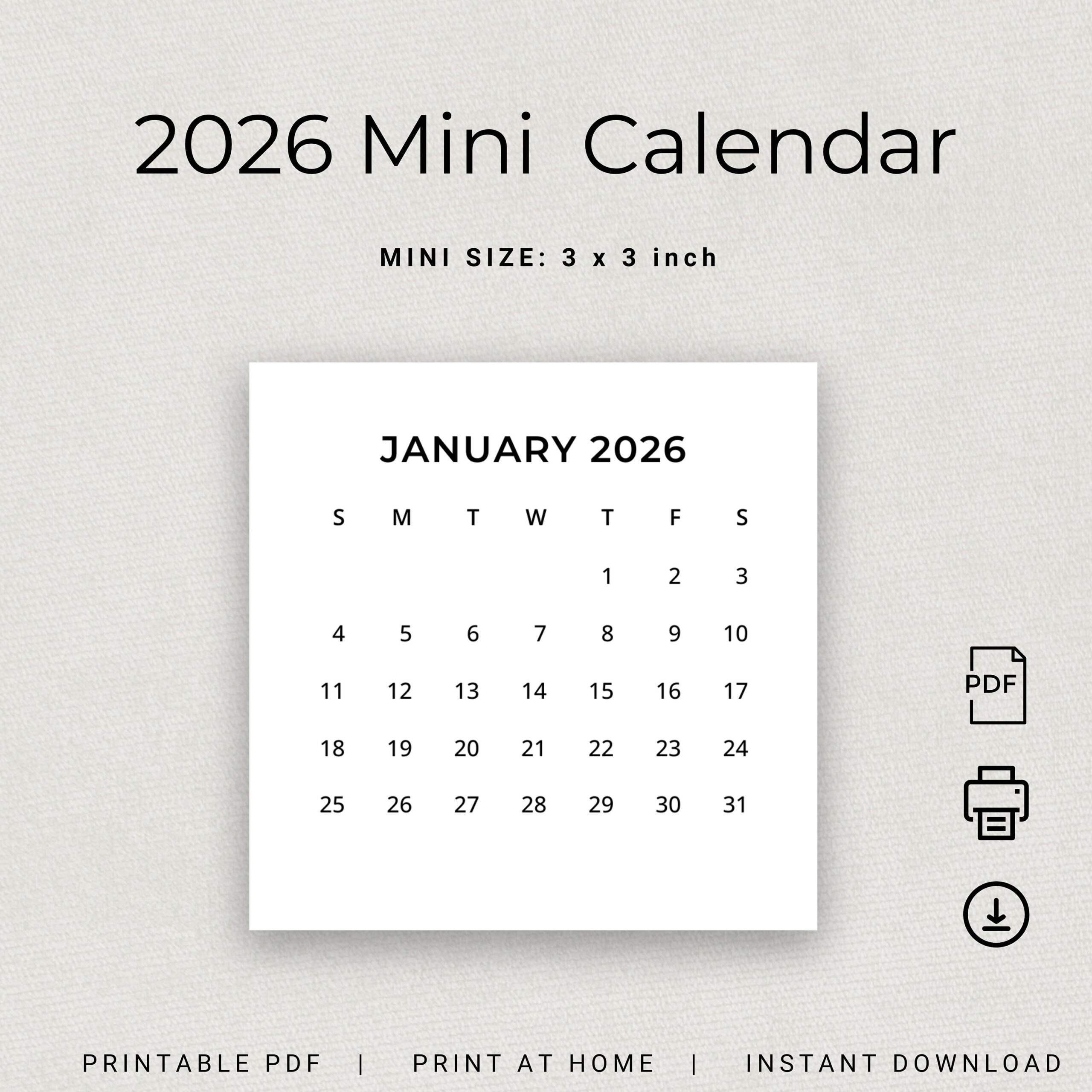 2026 Minikalender 2026 Kleiner Kalender Printable 2026 | Mini Kalender 2026
