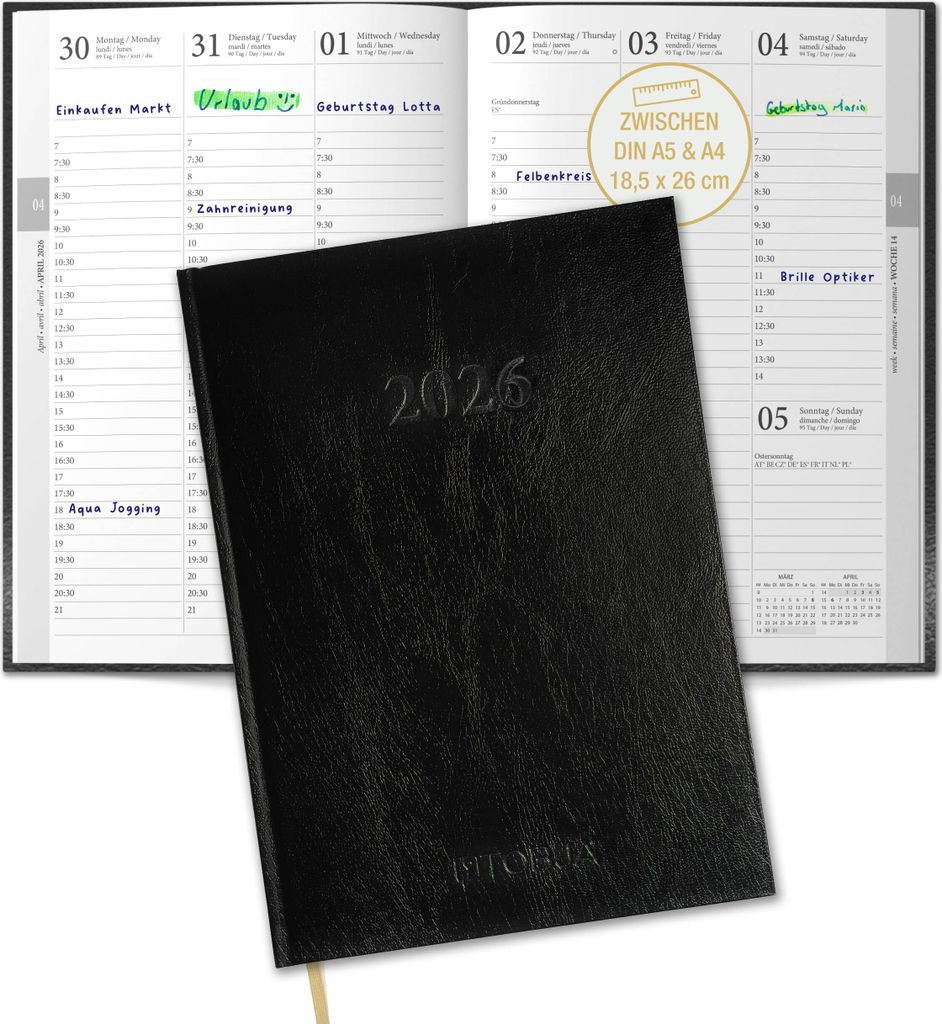 Buchkalender 2026 - Terminplaner 2026 A4 Mit 30-Minuten-Taktung 7-21 Uhr -  Größe A5 - A4 18,5 X 26 Cm, Große Schrift, Flexibles Hardcover, | Kalender Buch 2026