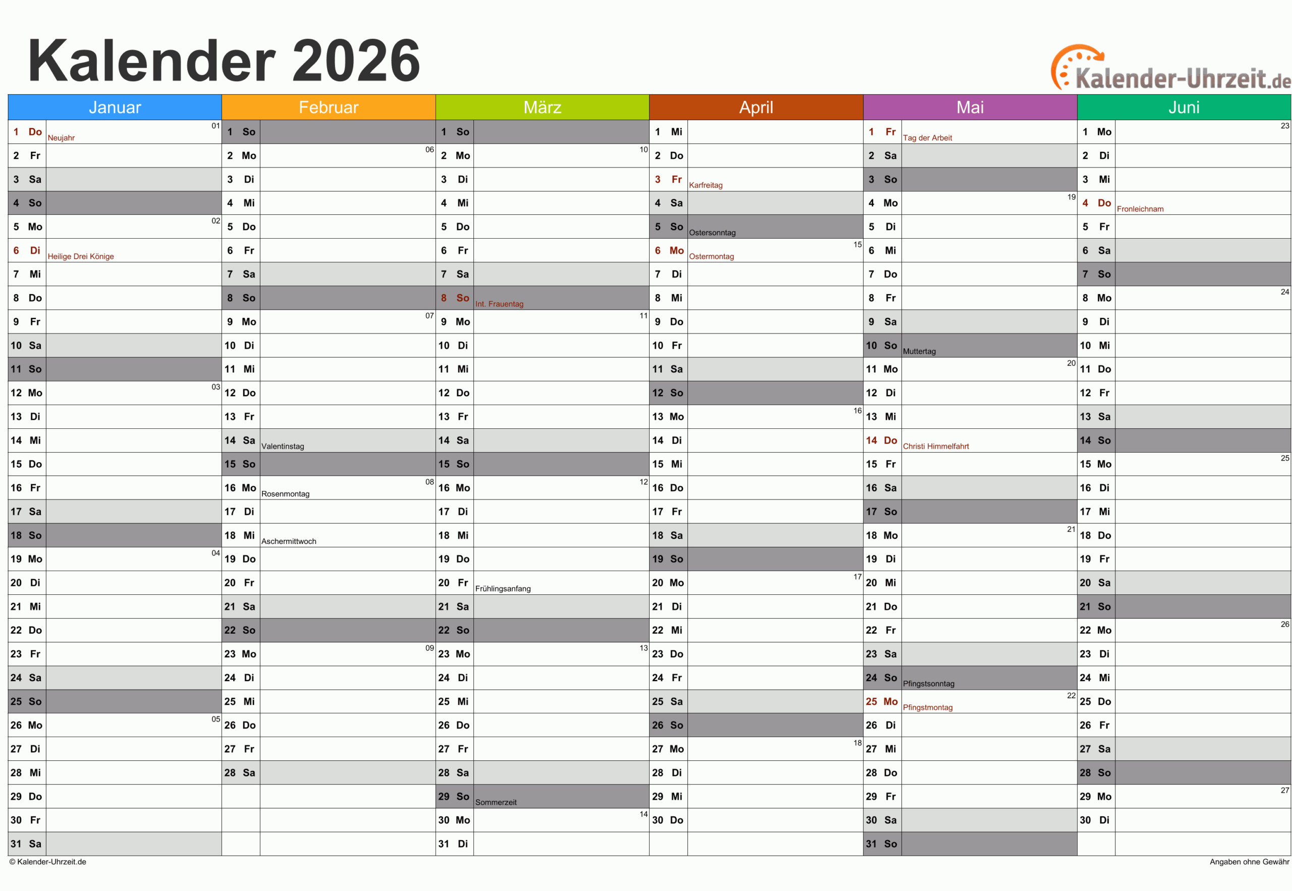 Excel-Kalender 2026 - Kostenlos | Kalender Uhrzeit 2026