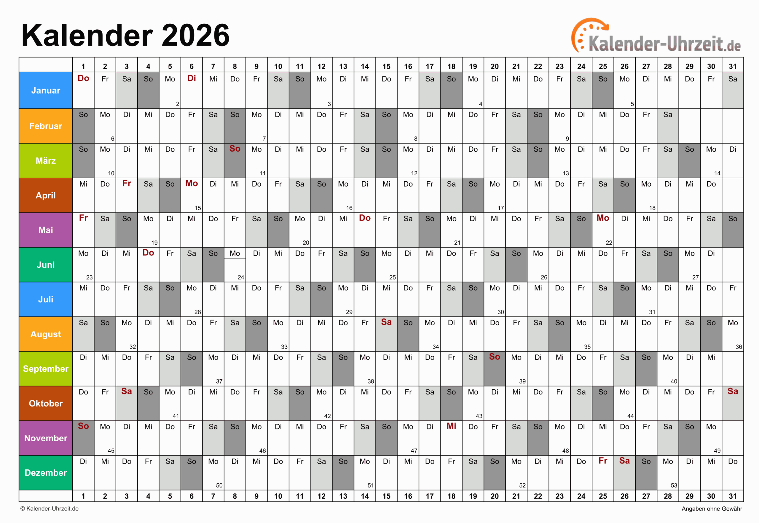 Excel-Kalender 2026 - Kostenlos | Kalender Uhrzeit 2026
