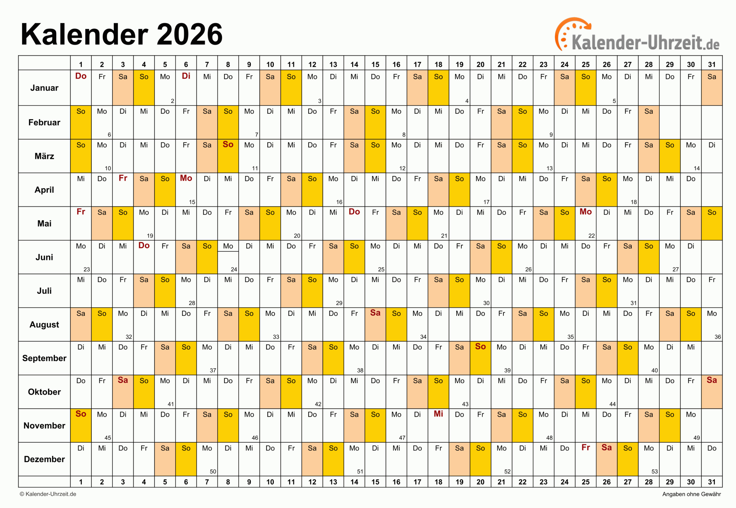 Excel-Kalender 2026 - Kostenlos | Schönherr Kalender 2026