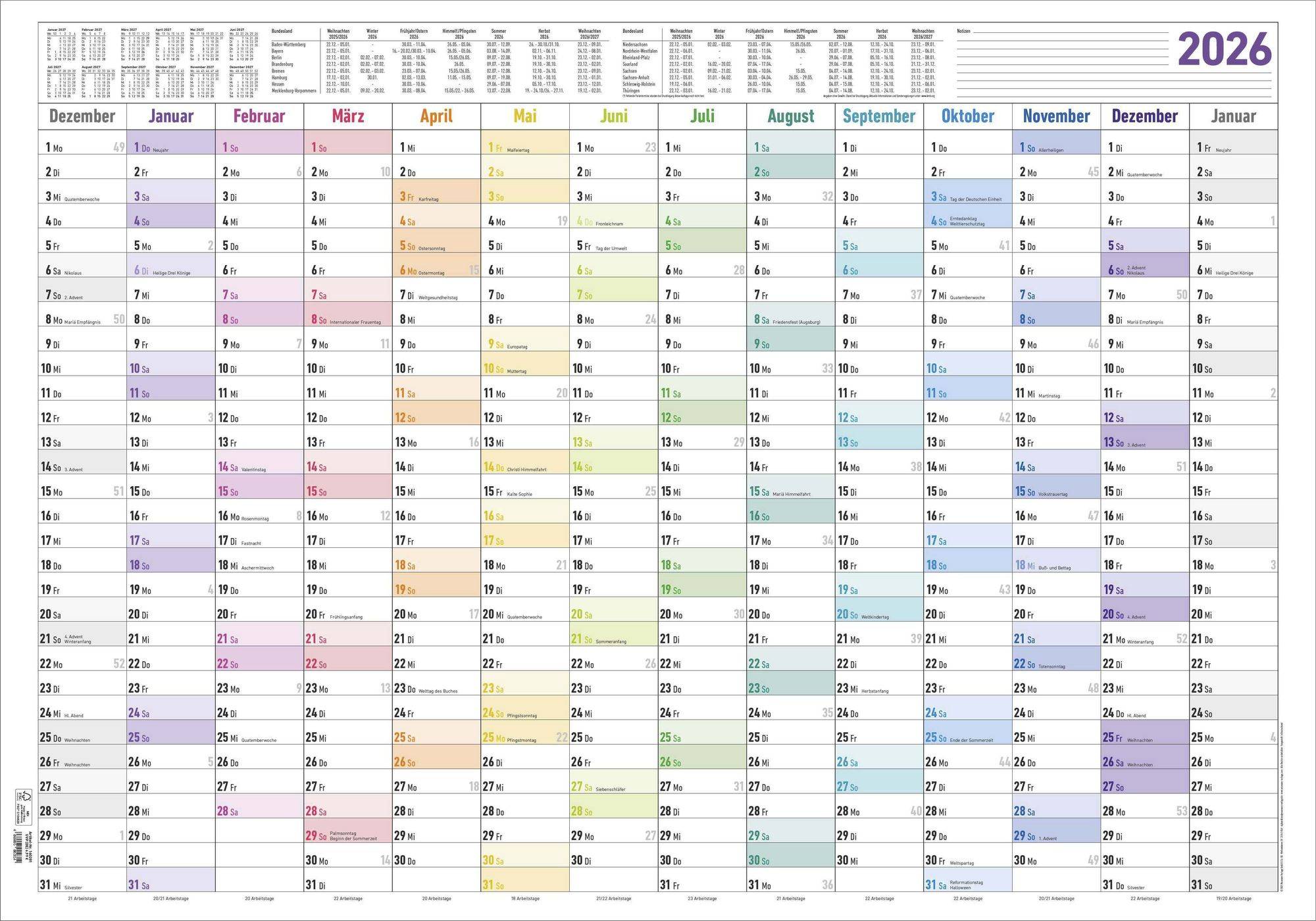 Jahresplaner Xl 14 Monate 2026 - Plakat-Kalender 100X70 Cm | Personalisierter Kalender 2026