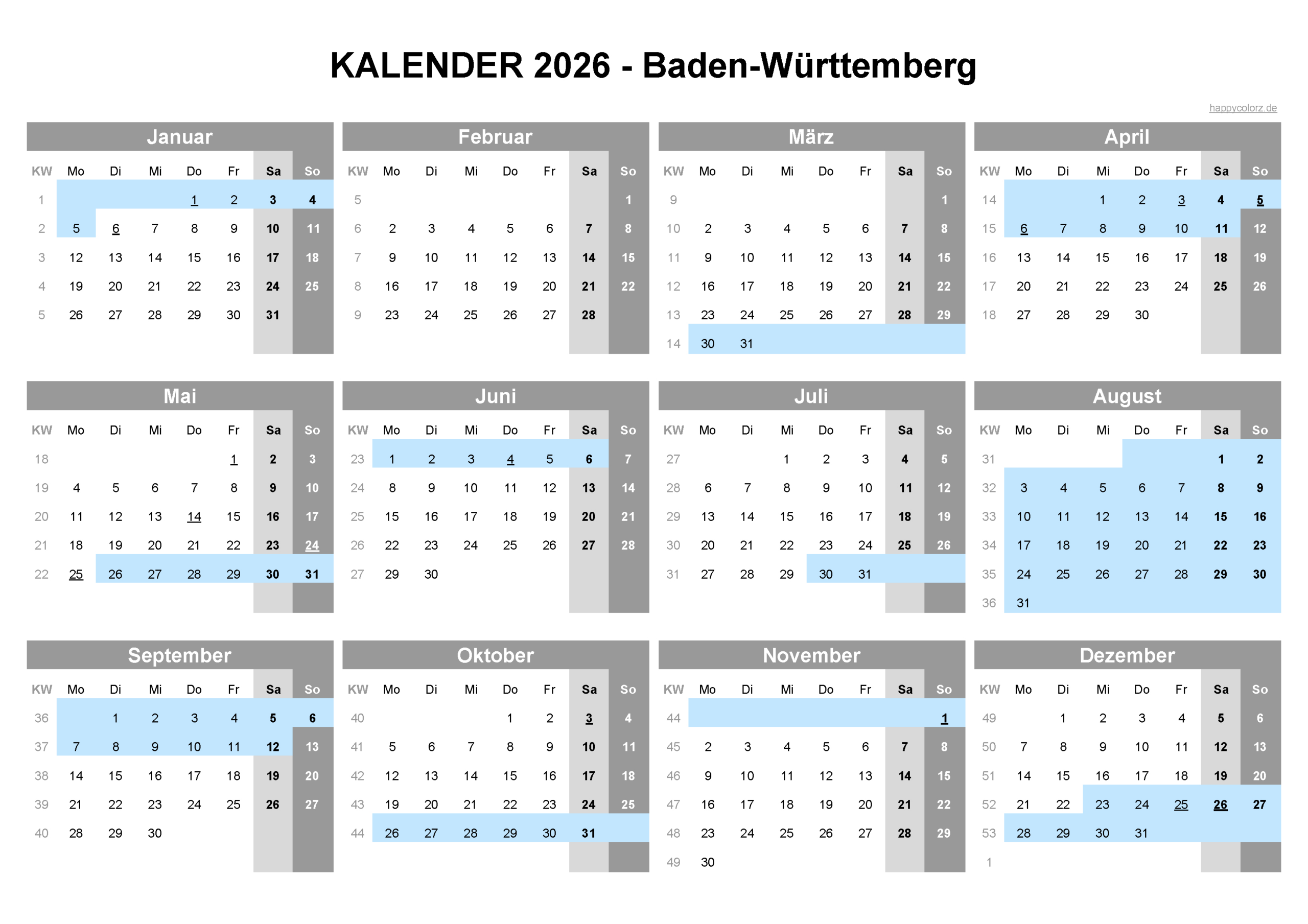 Kalender 2026 Baden-Württemberg: Feiertage &amp;amp; Brückentage | Kalender 2026 Ferien Baden-Württemberg