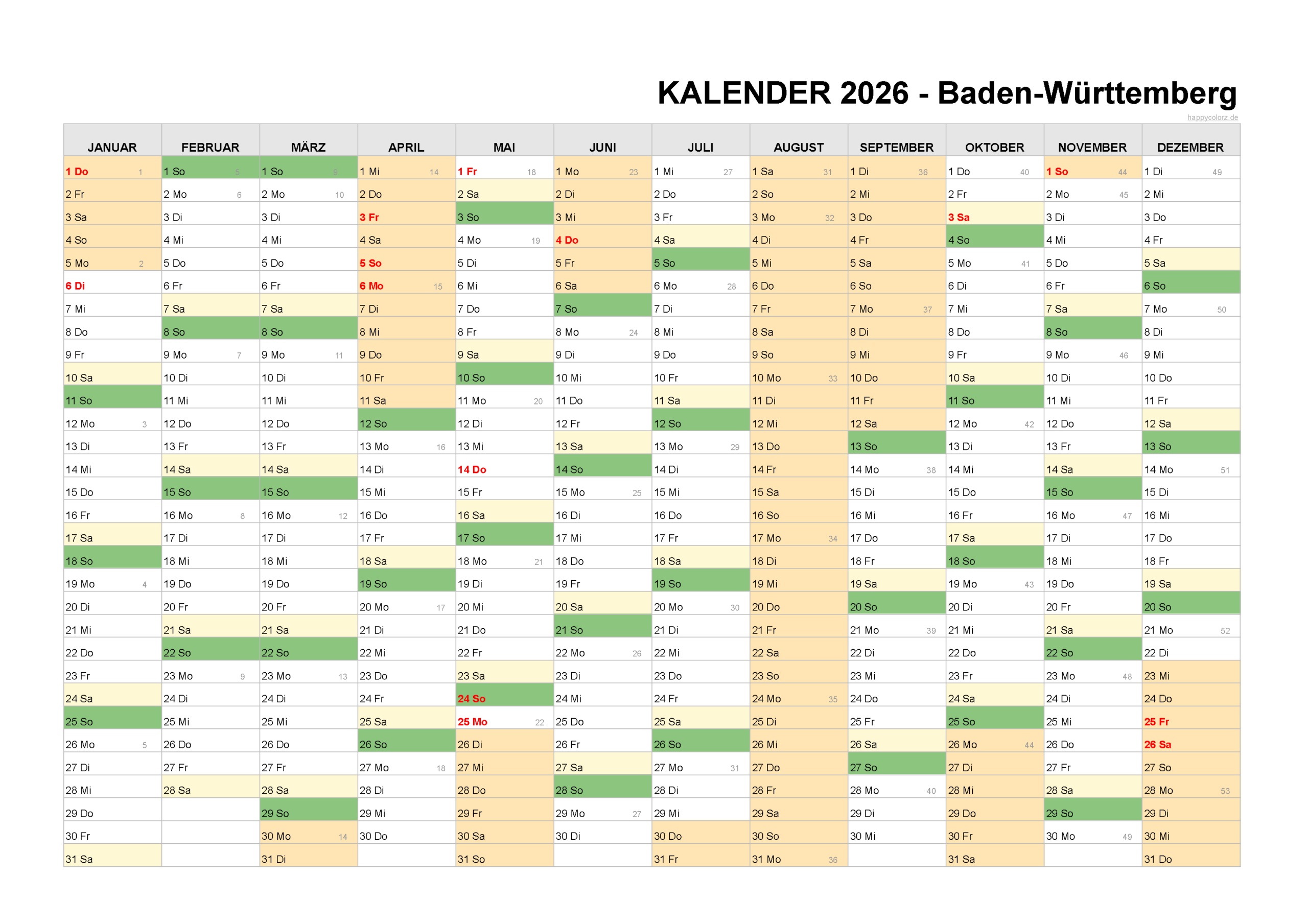 Kalender 2026 Baden-Württemberg: Feiertage &amp;amp; Brückentage | Kalender Baden-Württemberg 2026 Zum Ausdrucken