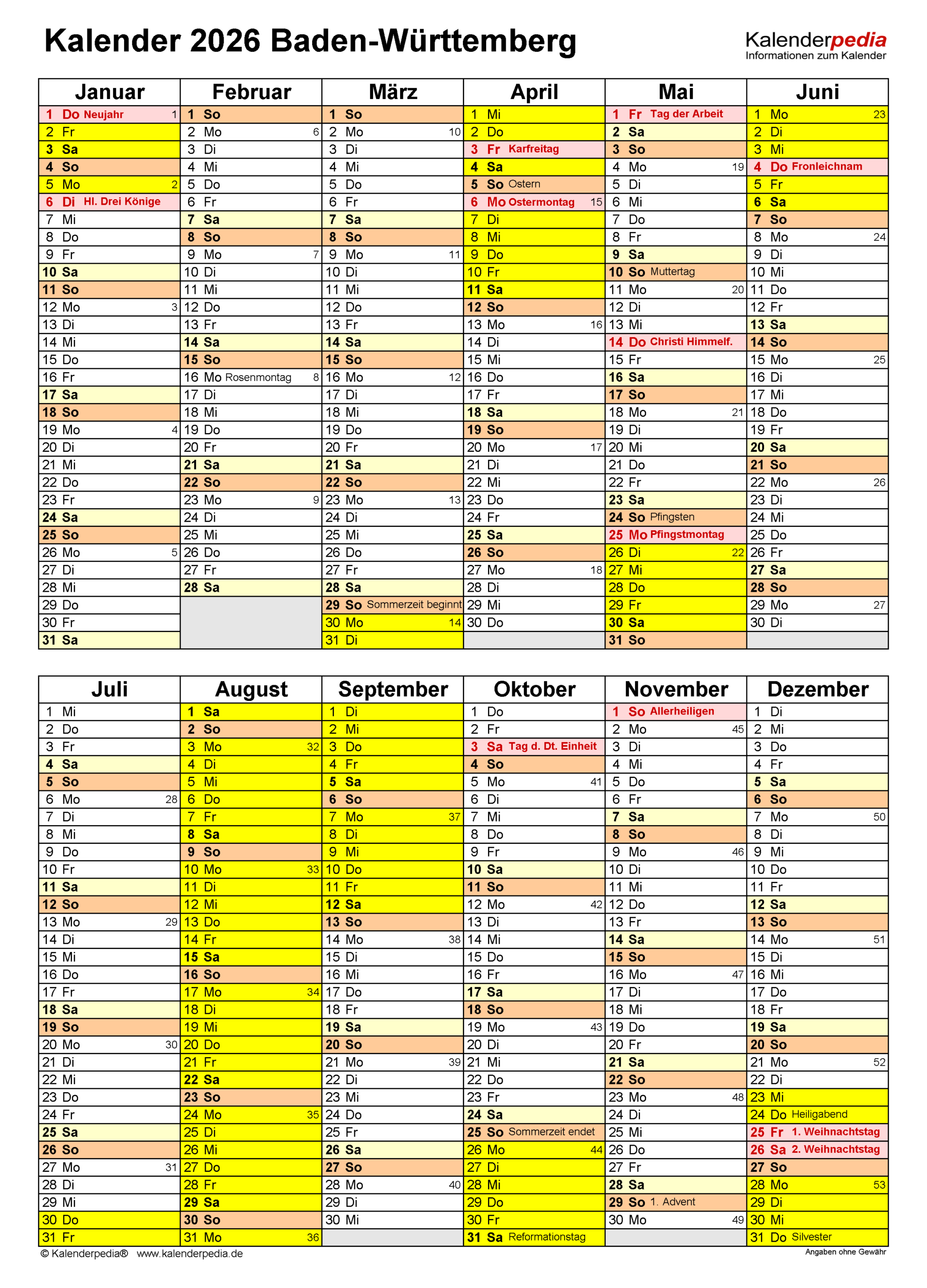 Kalender 2026 Baden-Württemberg: Pdf-Vorlagen Mit Ferien | Kalender 2026 Mit Ferien Baden-Württemberg
