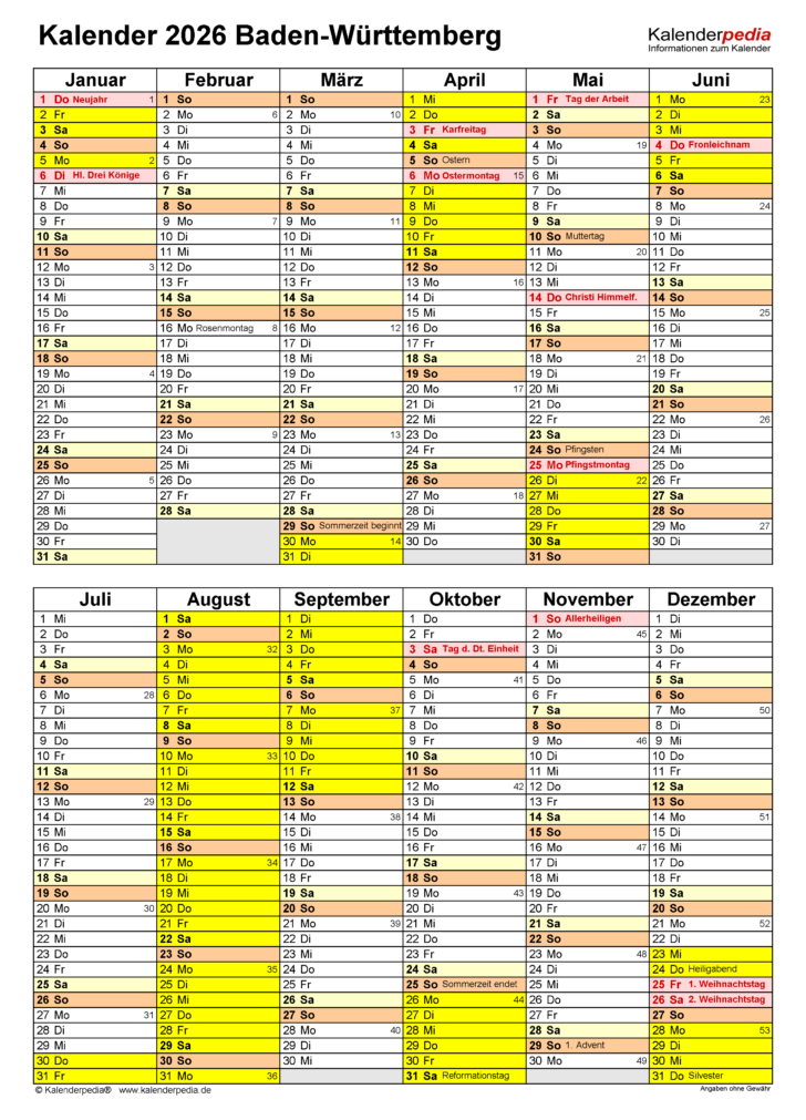 Kalender Ferien Baden-Württemberg 2026
