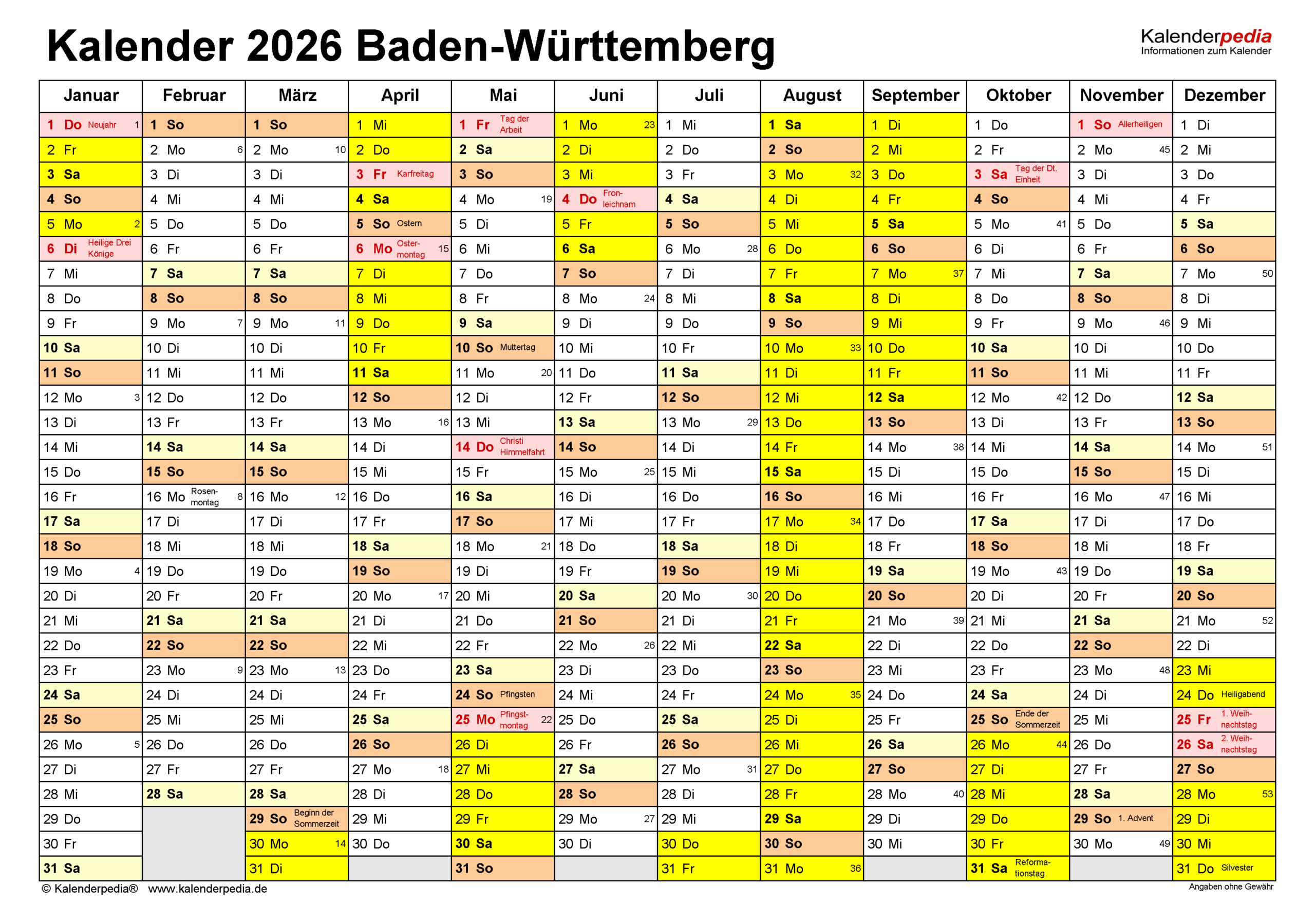 Kalender 2026 Baden-Württemberg: Pdf-Vorlagen Mit Ferien | Kalender Schulferien 2026