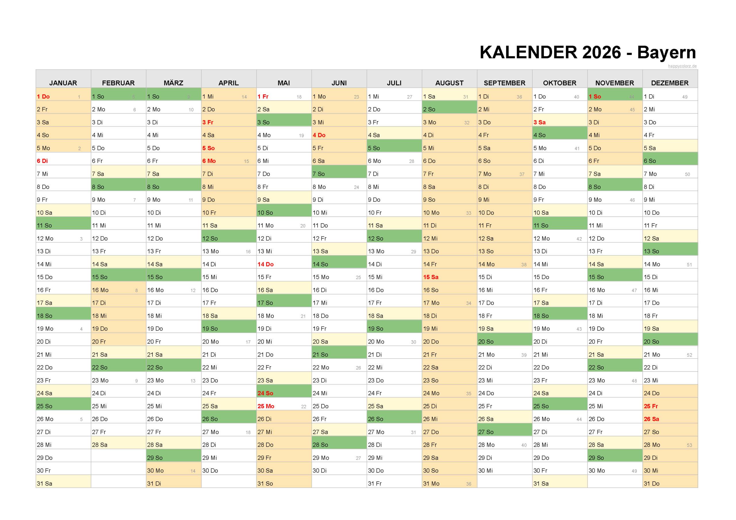 Kalender 2026 Bayern + Feiertage &amp;amp; Brückentage | Happycolorz.de | Kalender Bayern Schulferien 2026