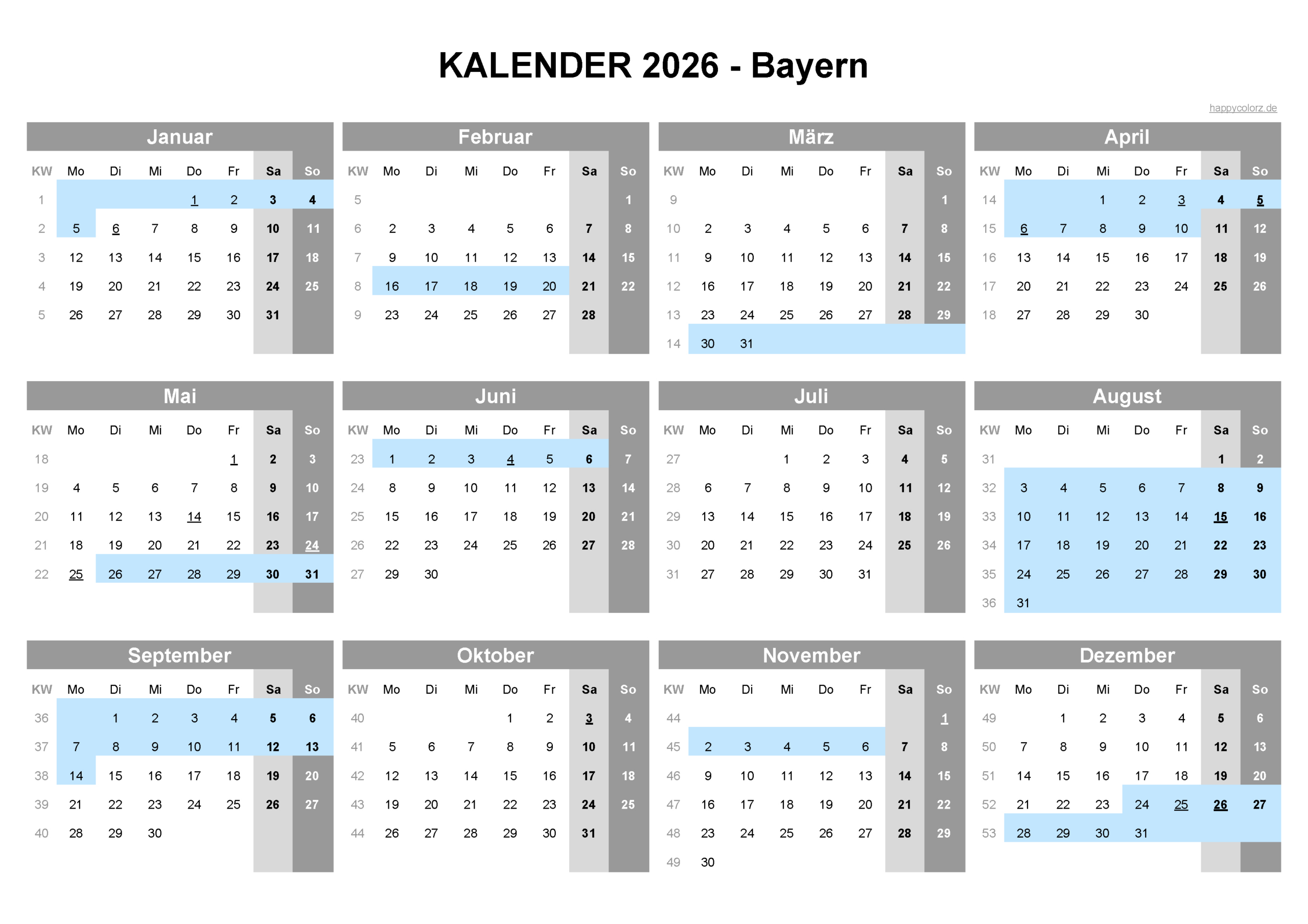 Kalender 2026 Bayern + Feiertage &amp;amp; Brückentage | Happycolorz.de | Kalender Bayern Schulferien 2026