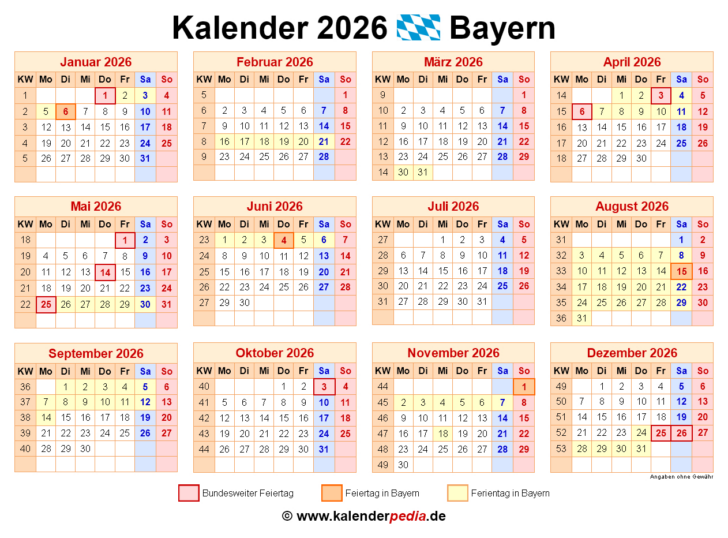 Kalender 2026 mit Feiertagen Bayern zum Ausdrucken