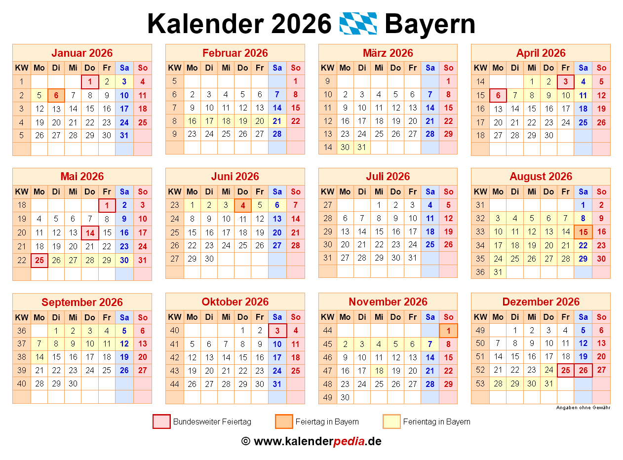 Kalender 2026 Bayern: Ferien, Feiertage, Pdf-Vorlagen | Kalender 2026 mit Feiertagen Bayern zum Ausdrucken