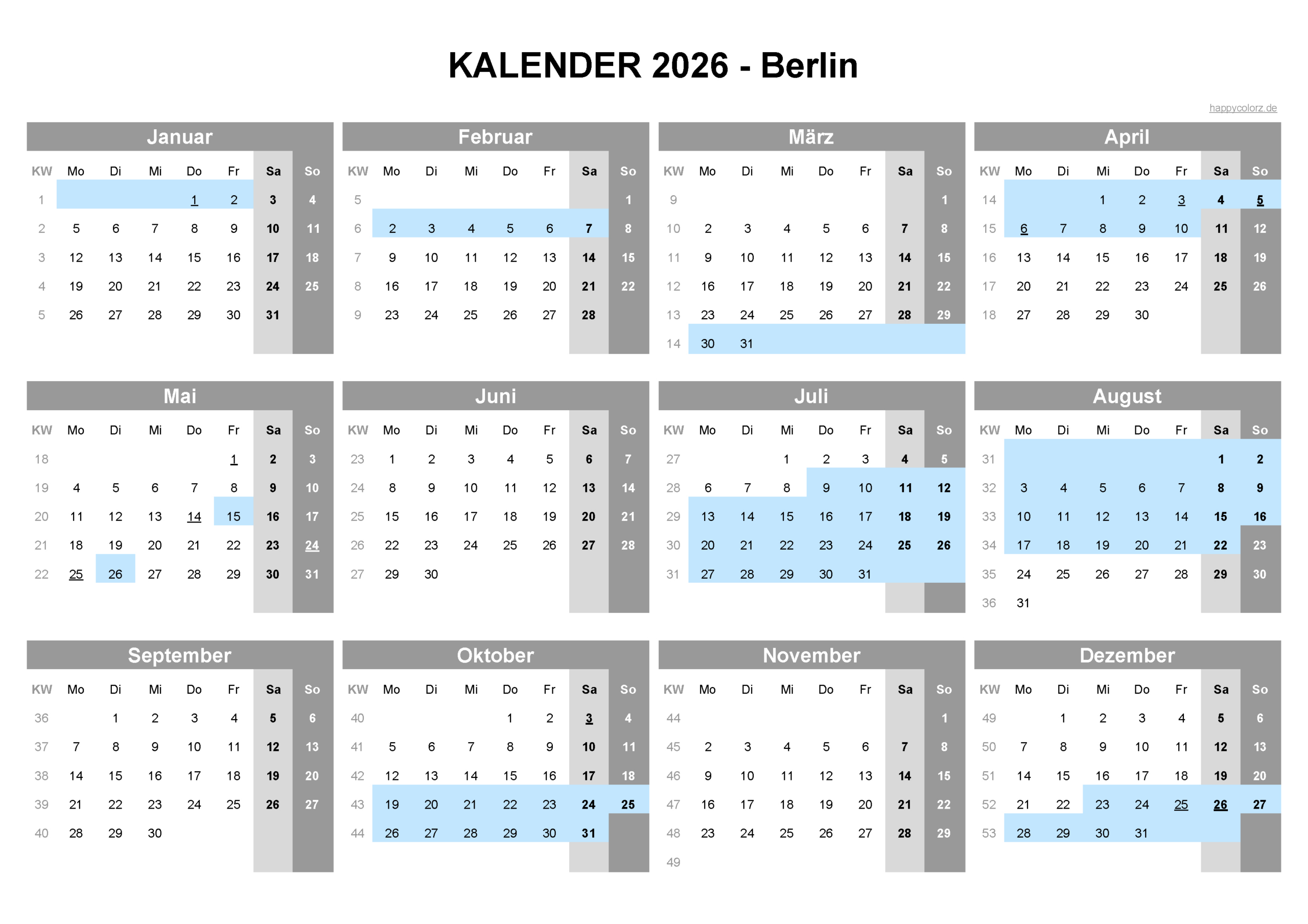 Kalender 2026 Berlin + Feiertage &amp;amp; Brückentage | Happycolorz.de | Kalender Berlin 2026 mit Feiertagen zum Ausdrucken