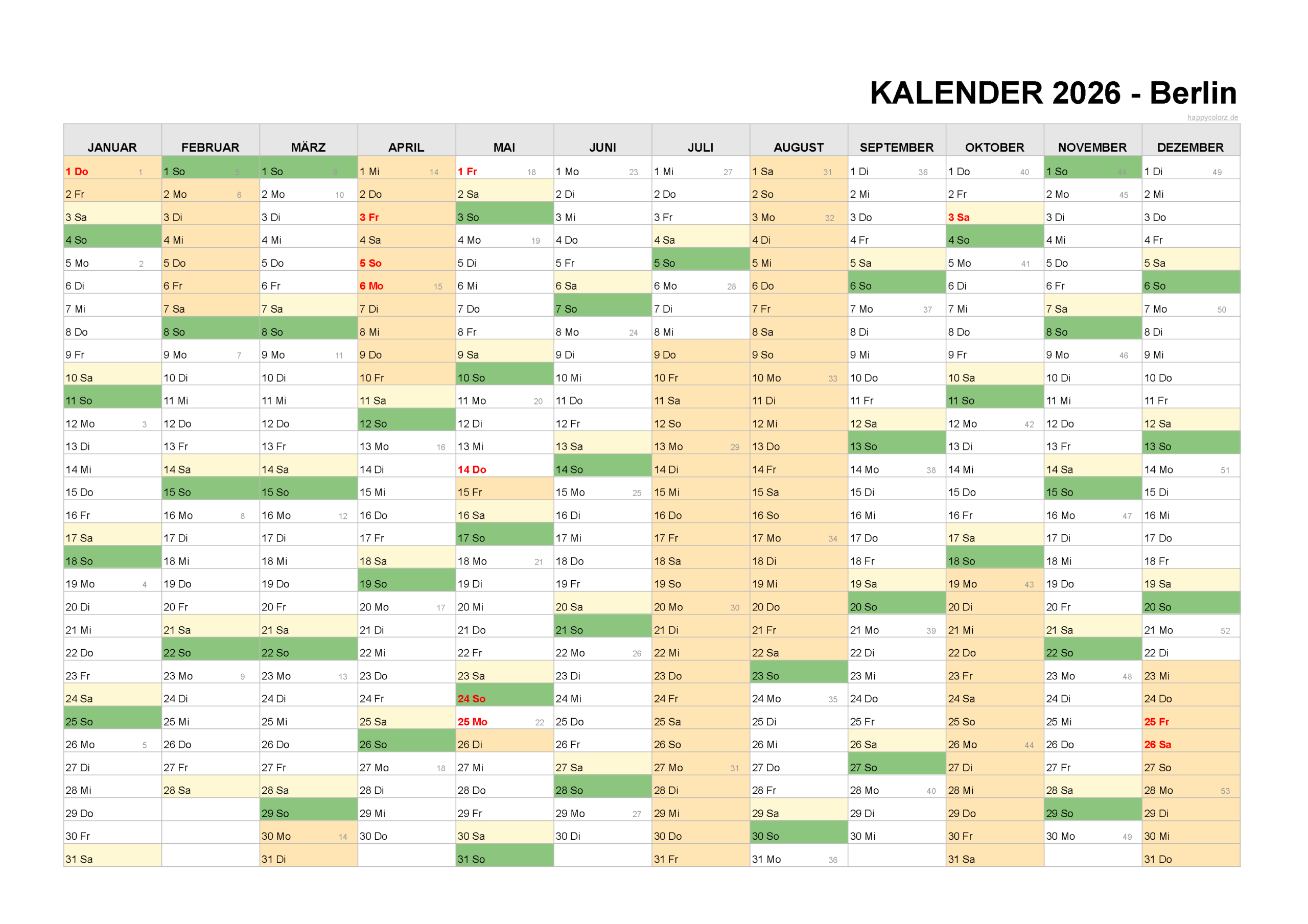 Kalender 2026 Berlin + Feiertage &amp;amp; Brückentage | Happycolorz.de | Kalender mit Ferien Berlin 2026