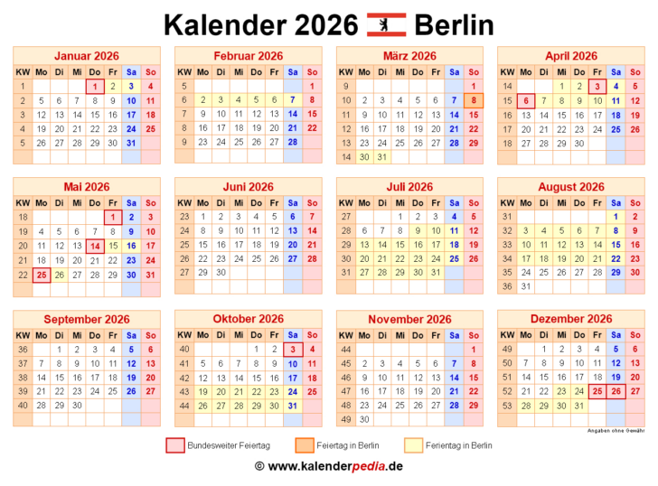 Kalender Berlin 2026 mit Feiertagen und Ferien zum Ausdrucken