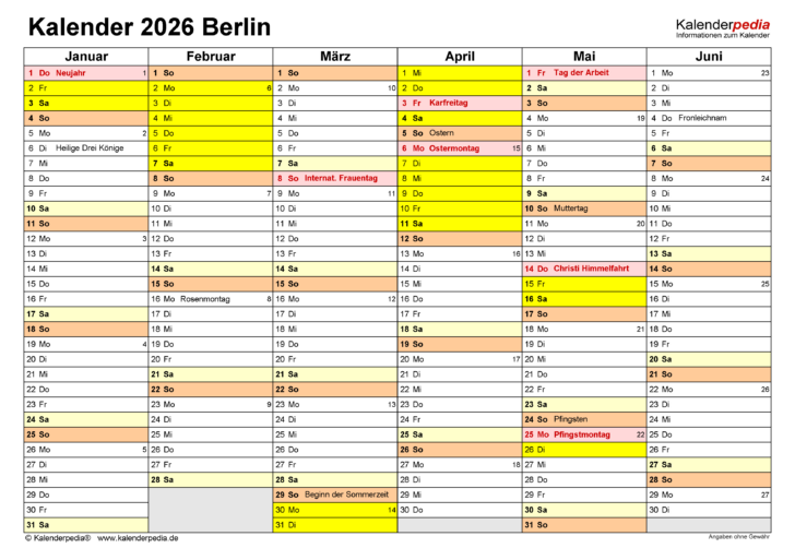 Kalender Berlin 2026 mit Ferien