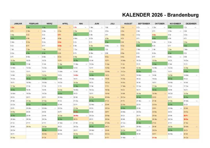 Kalender Brandenburg 2026 mit Ferien