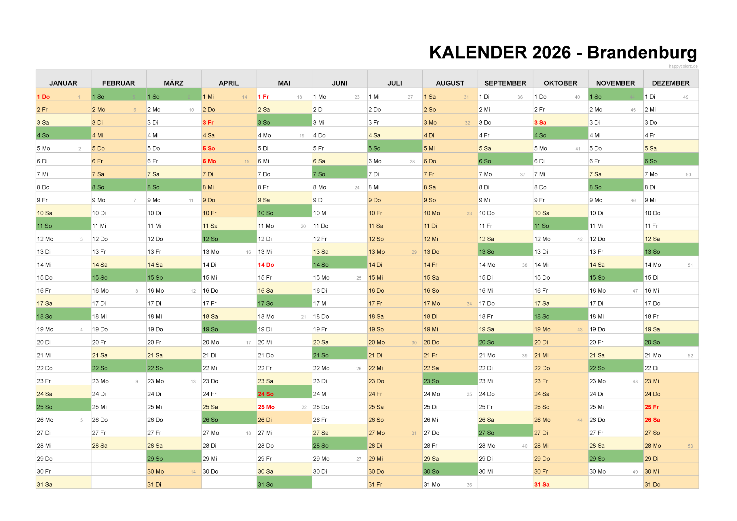 Kalender 2026 Brandenburg + Feiertage &amp;amp; Brückentage | Kalender Brandenburg 2026 mit Ferien