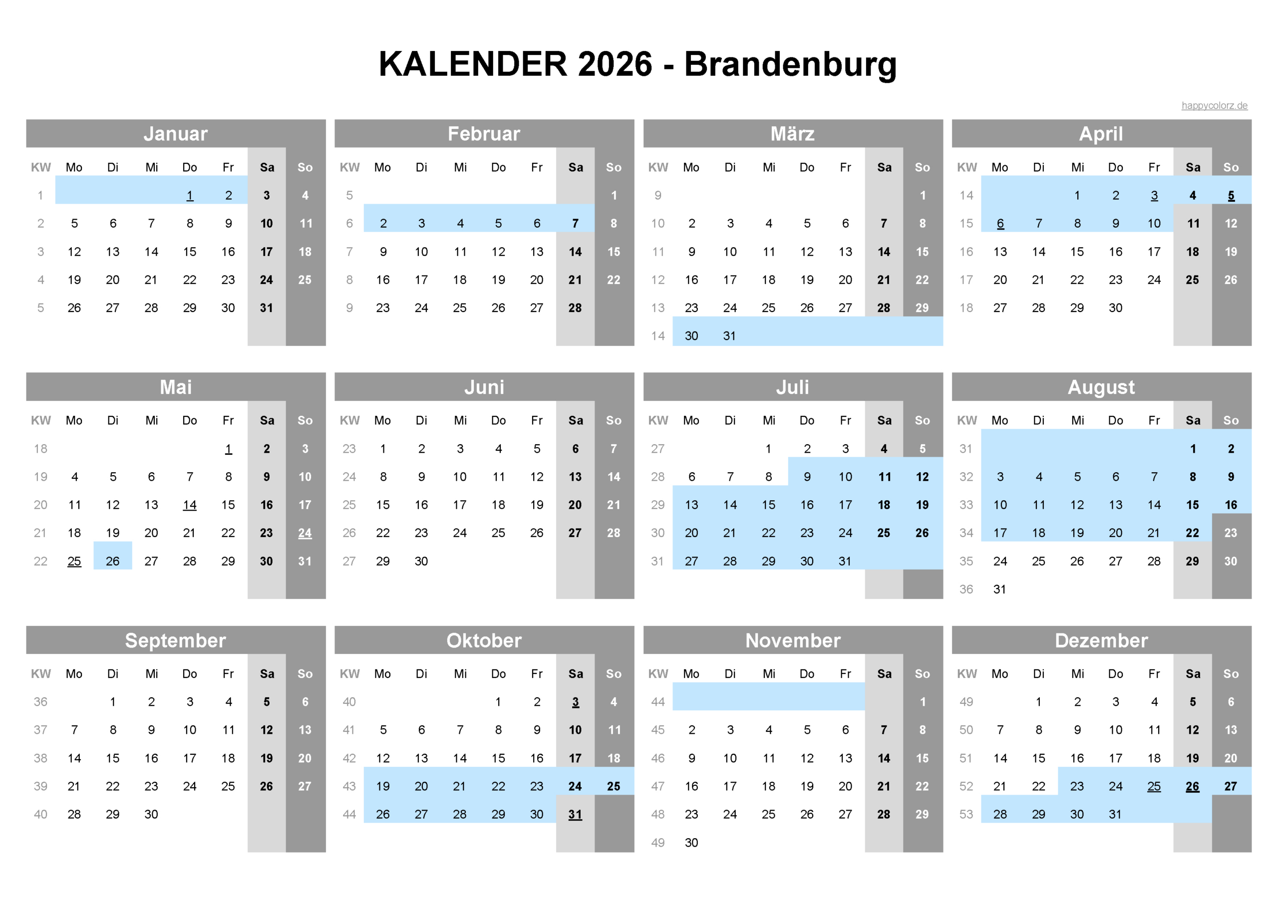 Kalender 2026 Brandenburg + Feiertage &amp;amp; Brückentage | Kalender Brandenburg 2026 mit Ferien