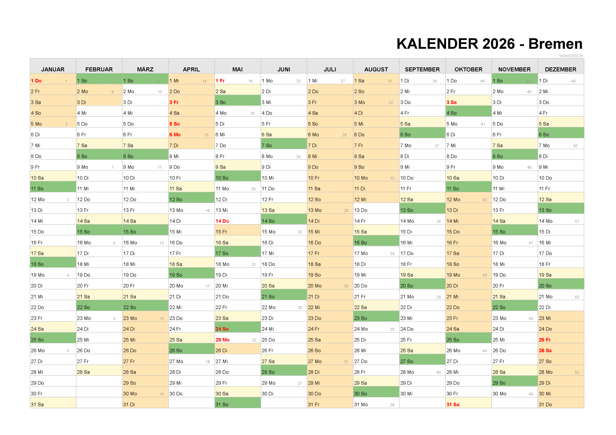 Kalender 2026 Bremen + Feiertage &amp;amp; Brückentage | Happycolorz.de | Kalender Bremen 2026