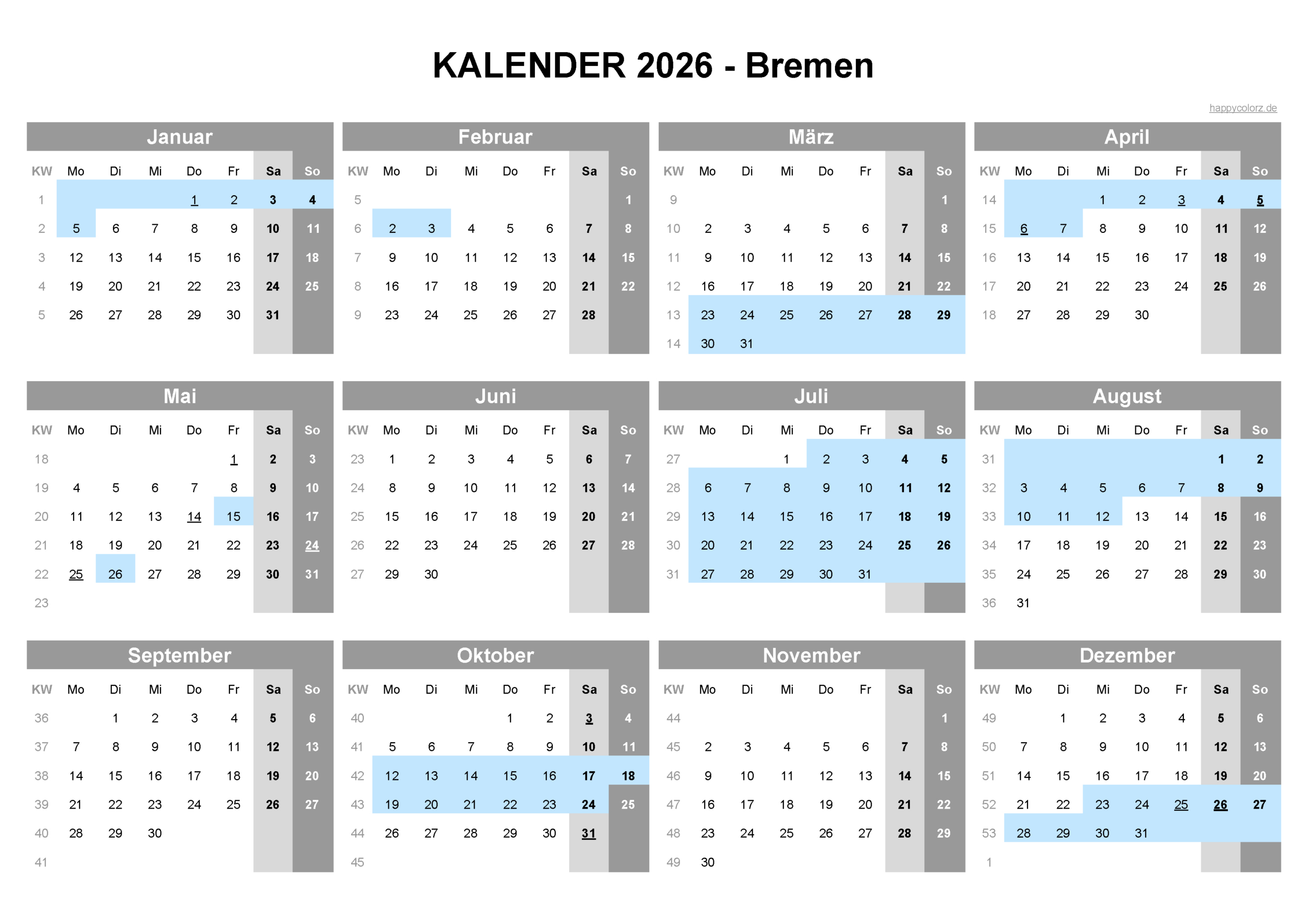 Kalender 2026 Bremen + Feiertage &amp;amp; Brückentage | Happycolorz.de | Kalender Bremen 2026