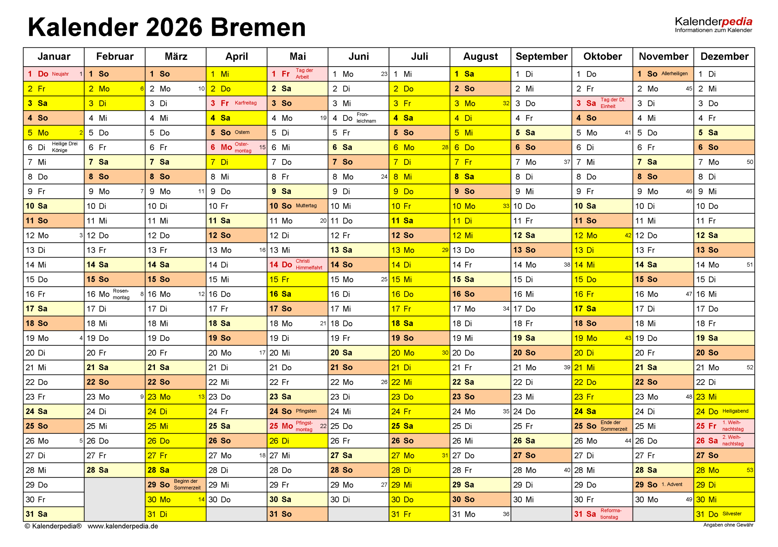 Kalender 2026 Bremen: Ferien, Feiertage, Excel-Vorlagen | Kalender Bremen 2026