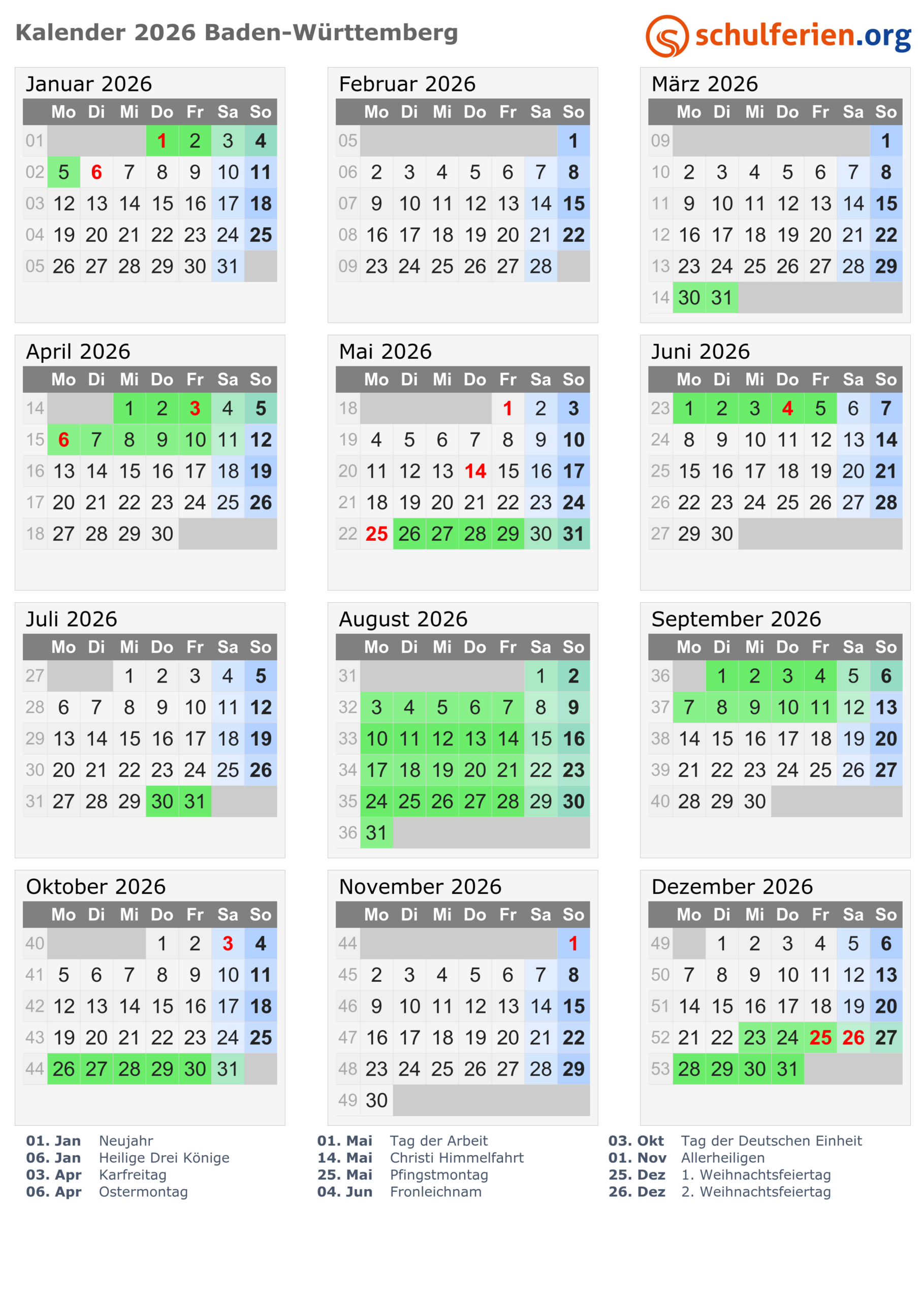 Kalender 2026 + Ferien Baden-Württemberg, Feiertage | Pfingstferien BW Kalender 2026