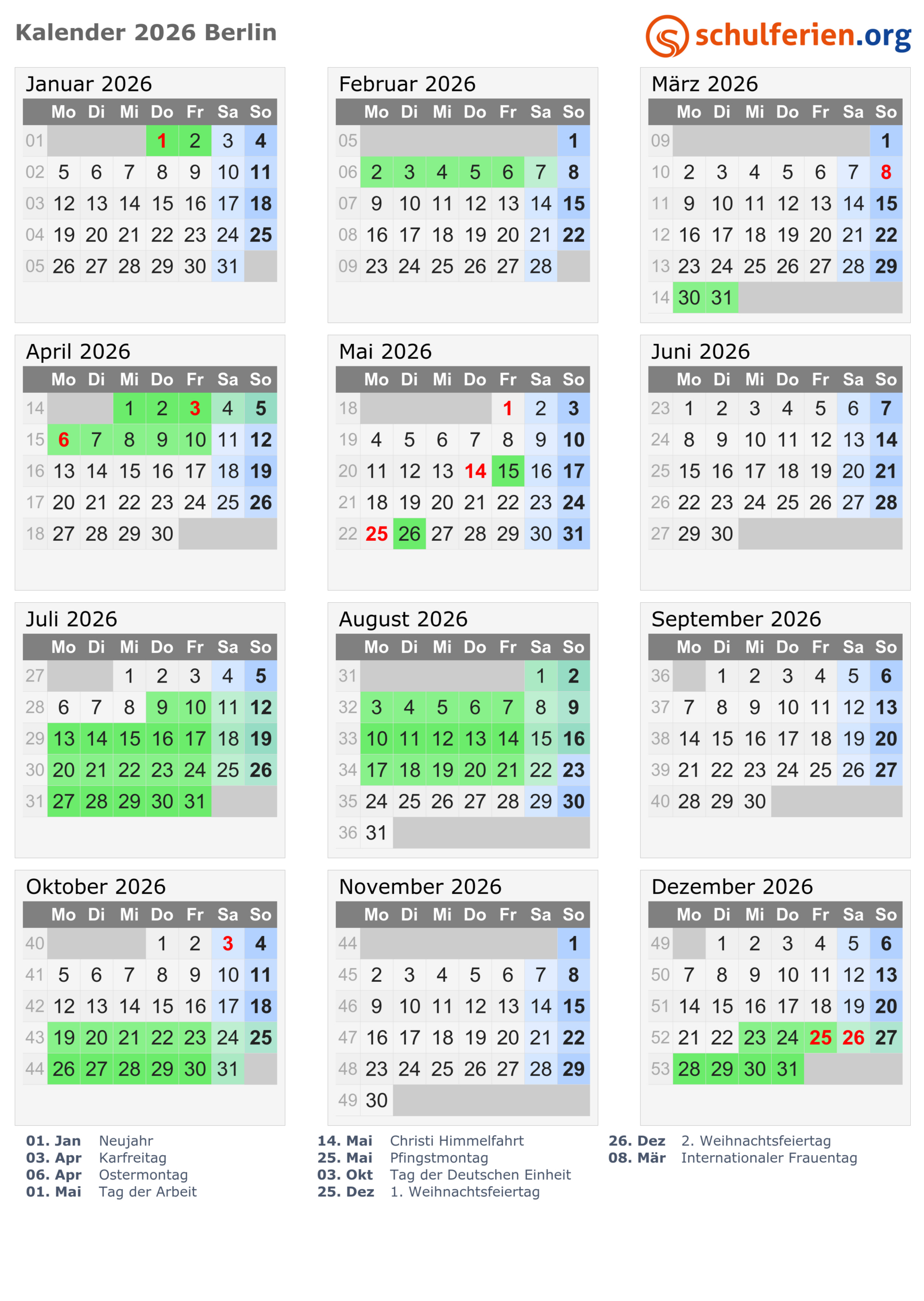 Kalender 2026 + Ferien Berlin, Feiertage | Kalender Berlin 2026